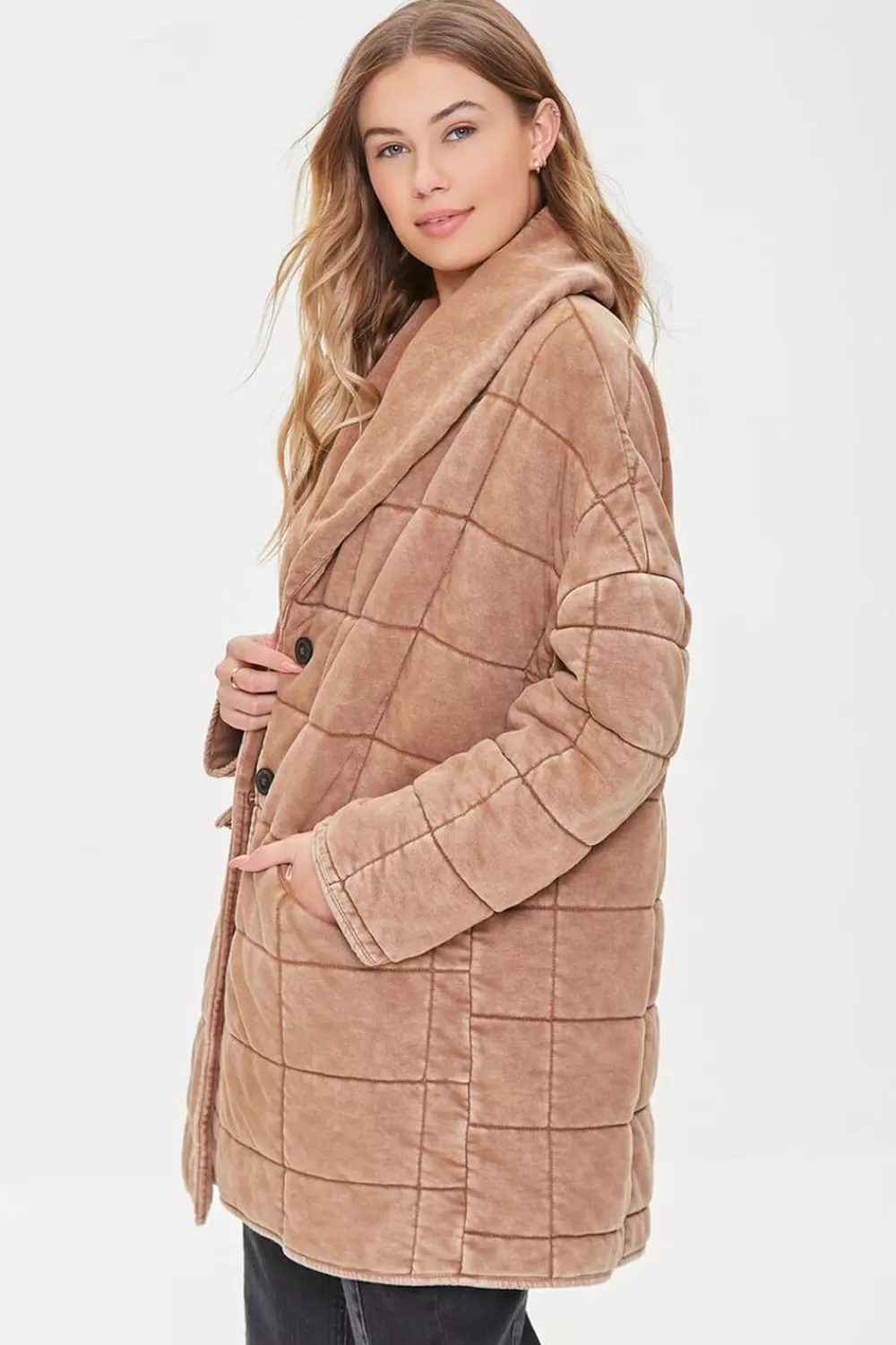 Jackets + Outerwear>Forever 21 Quilted Longline Jacket Taupe