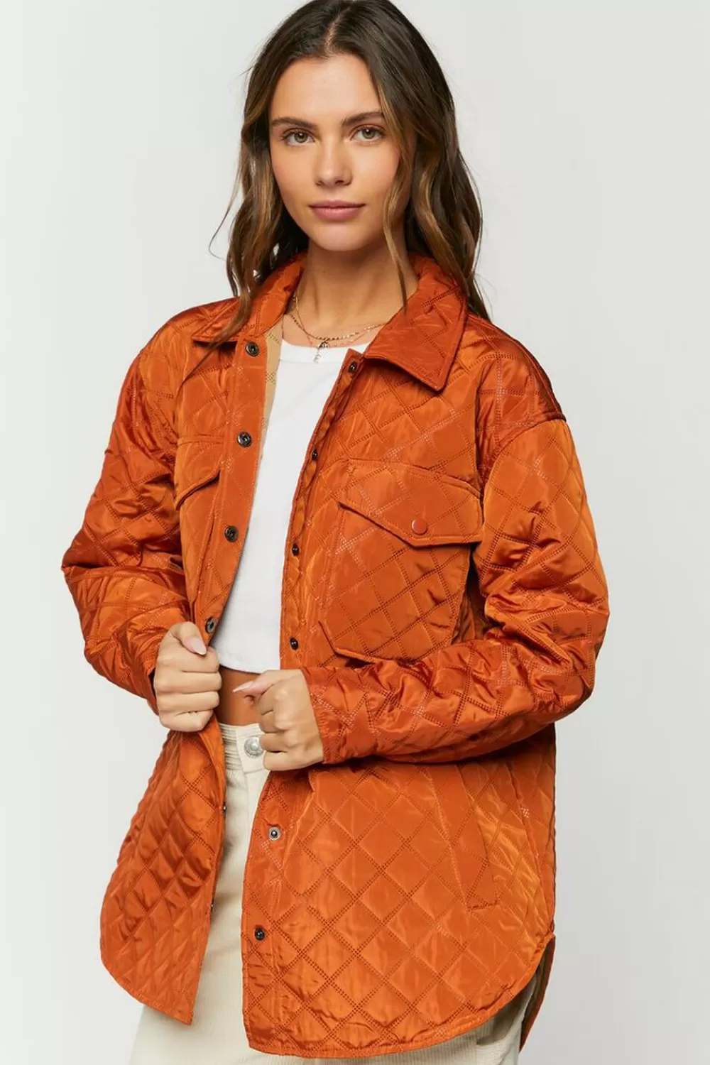 Jackets + Outerwear>Forever 21 Quilted Longline Shacket Cinnamon Roll