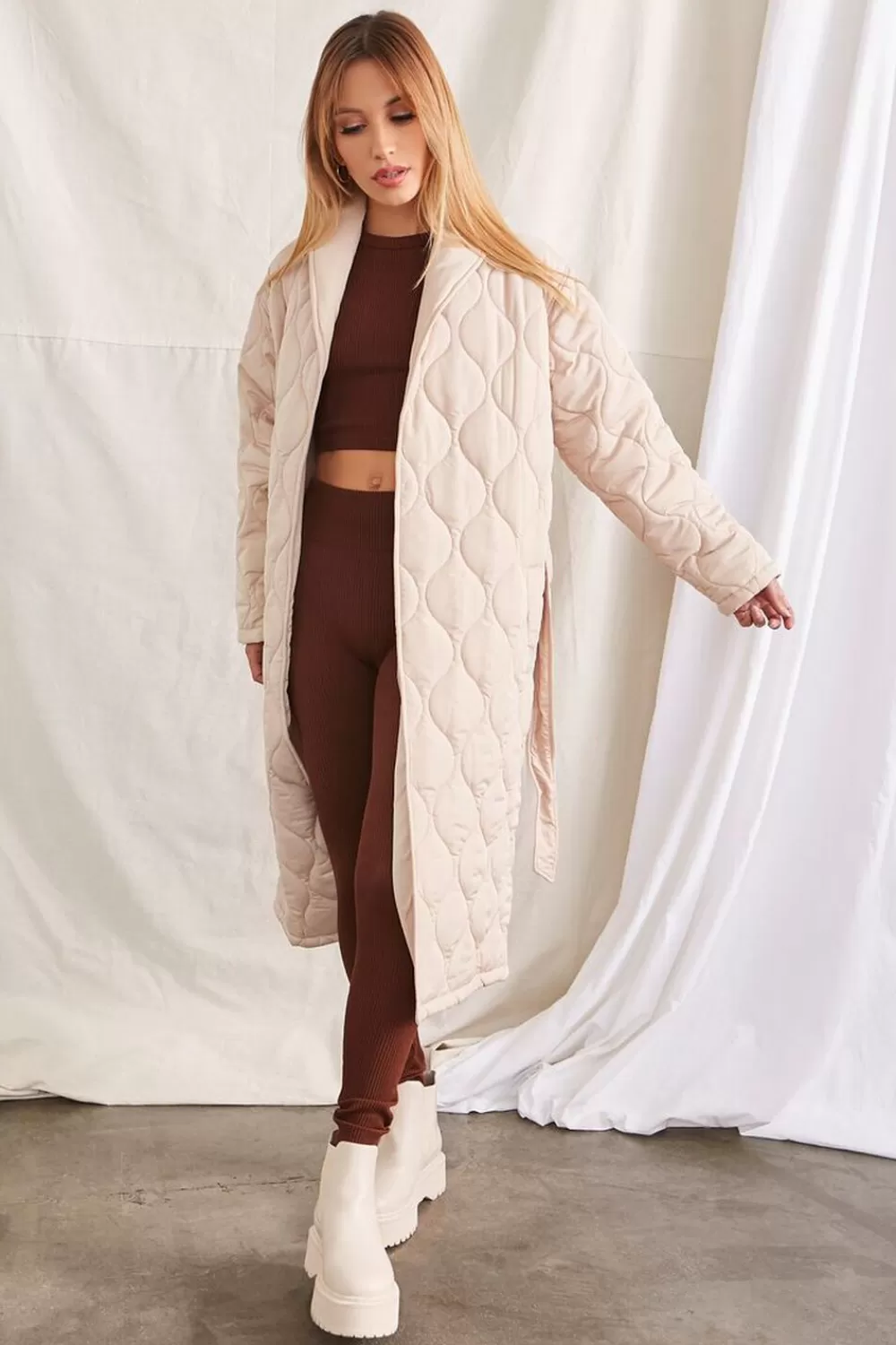Jackets + Outerwear>Forever 21 Quilted Wrap Coat Taupe