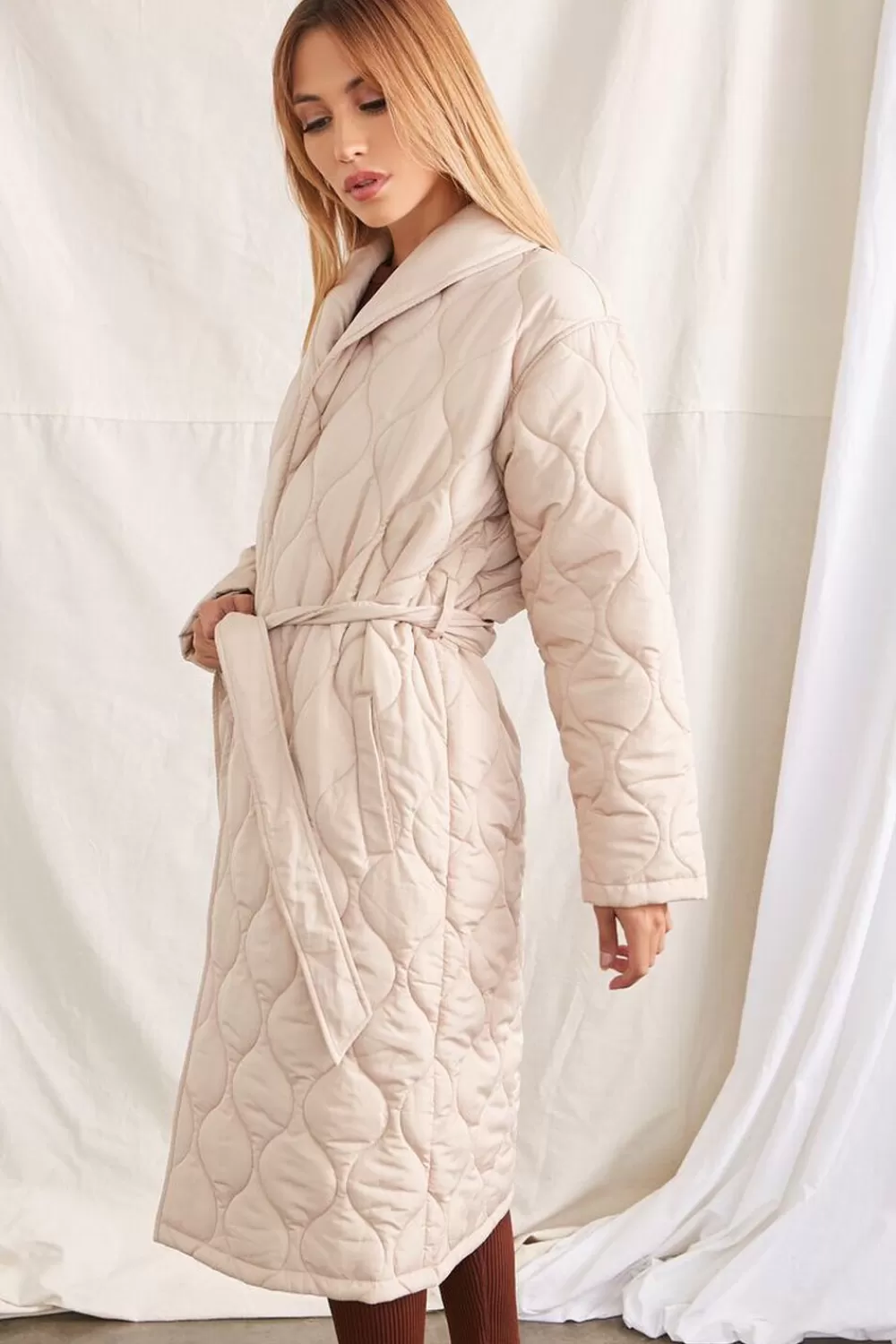 Jackets + Outerwear>Forever 21 Quilted Wrap Coat Taupe