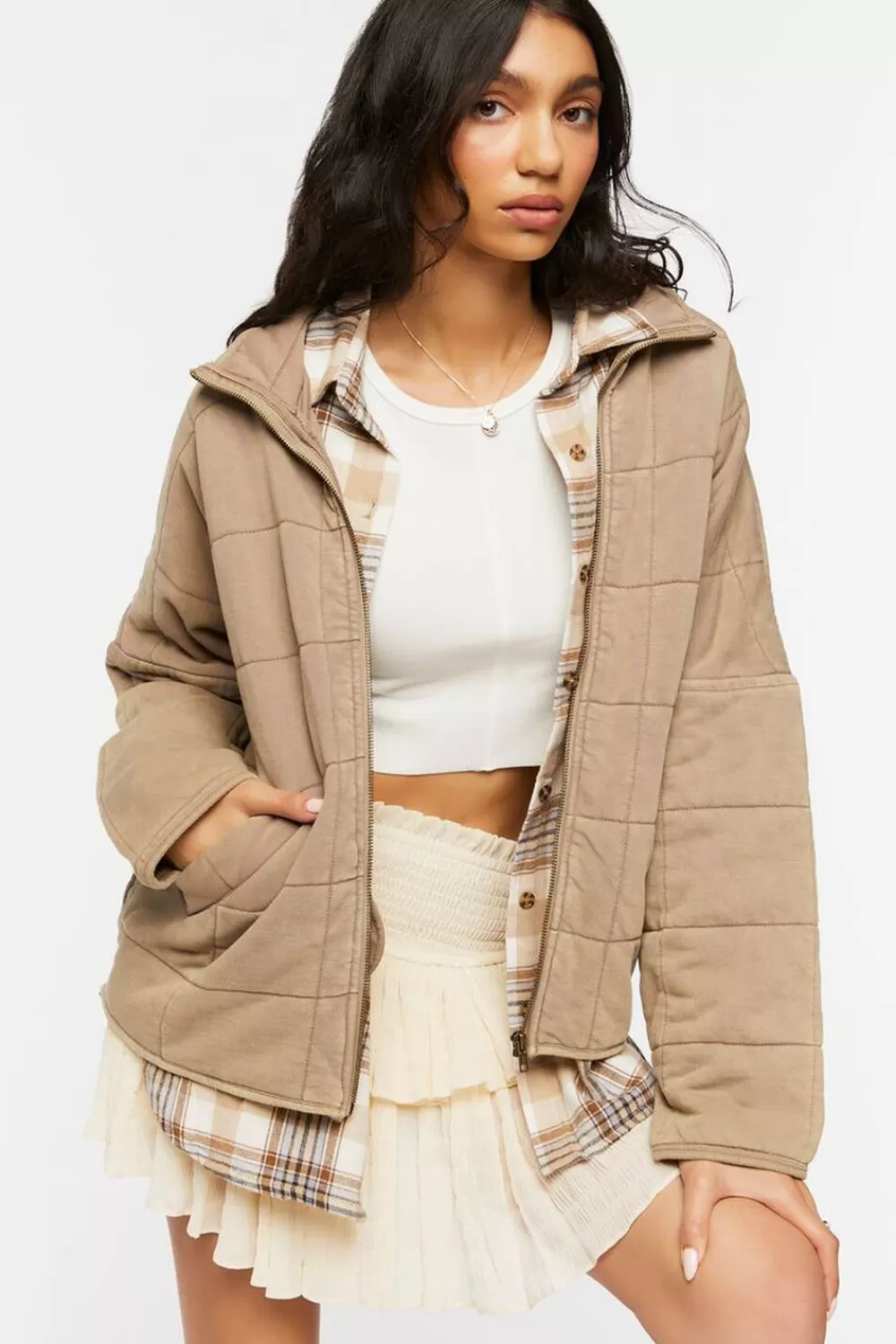 Jackets + Outerwear>Forever 21 Quilted Zip-Up Jacket Taupe