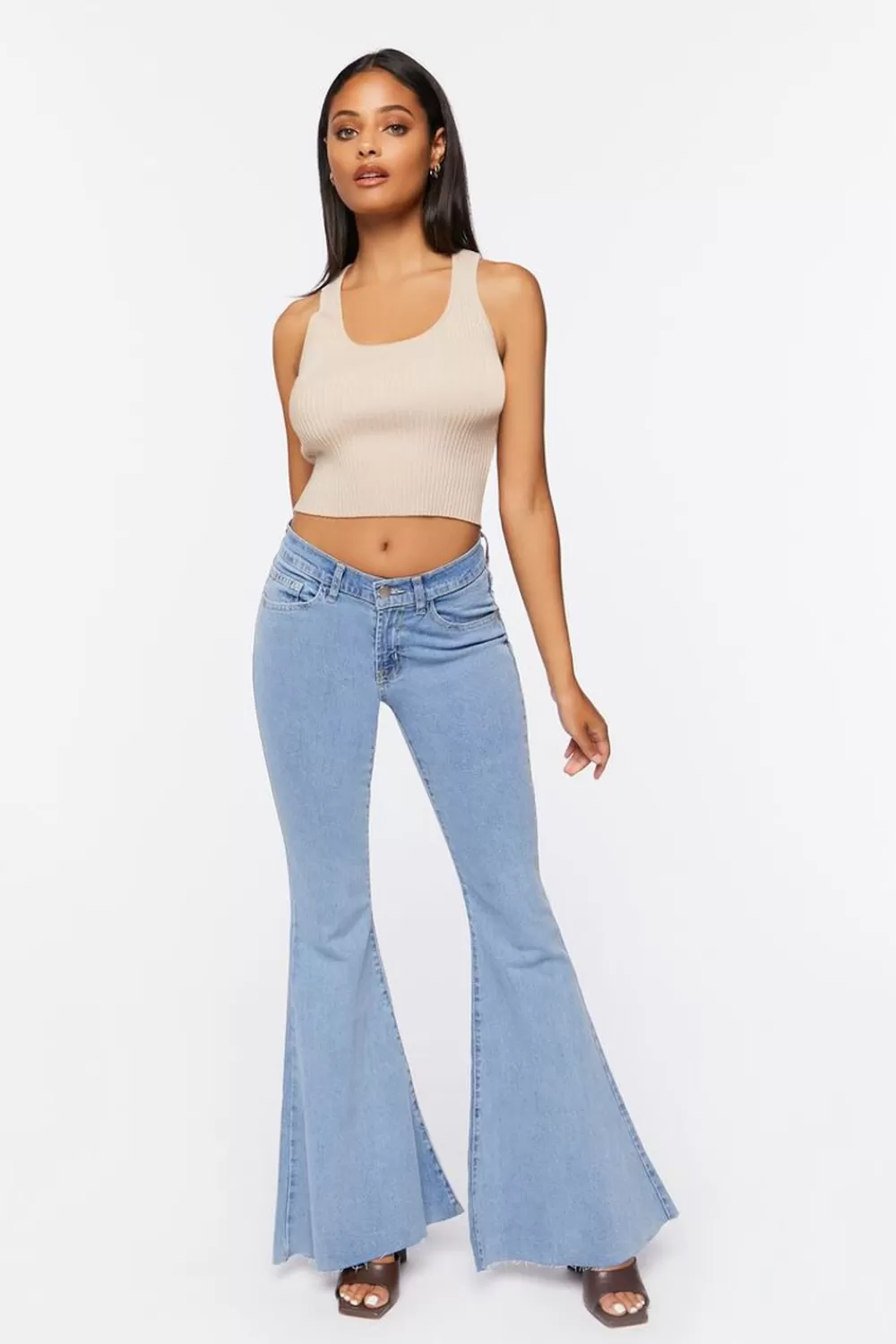 Bottoms>Forever 21 Raw-Cut Flare Jeans Light Denim