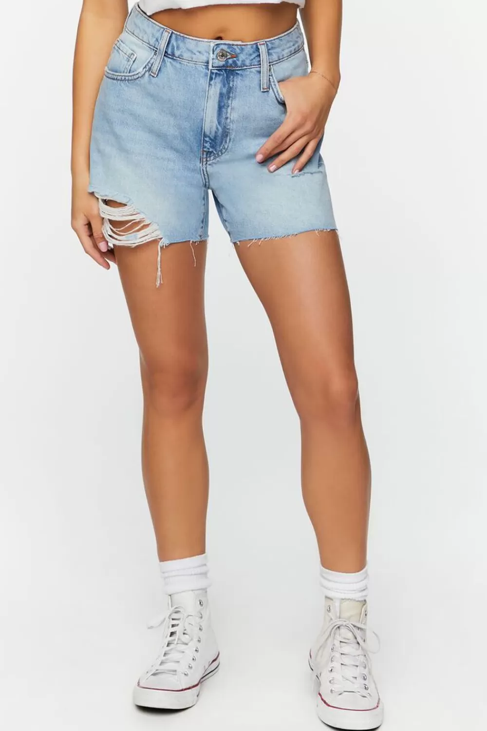 Bottoms>Forever 21 Recycled Cotton Distressed Denim Shorts Light Denim