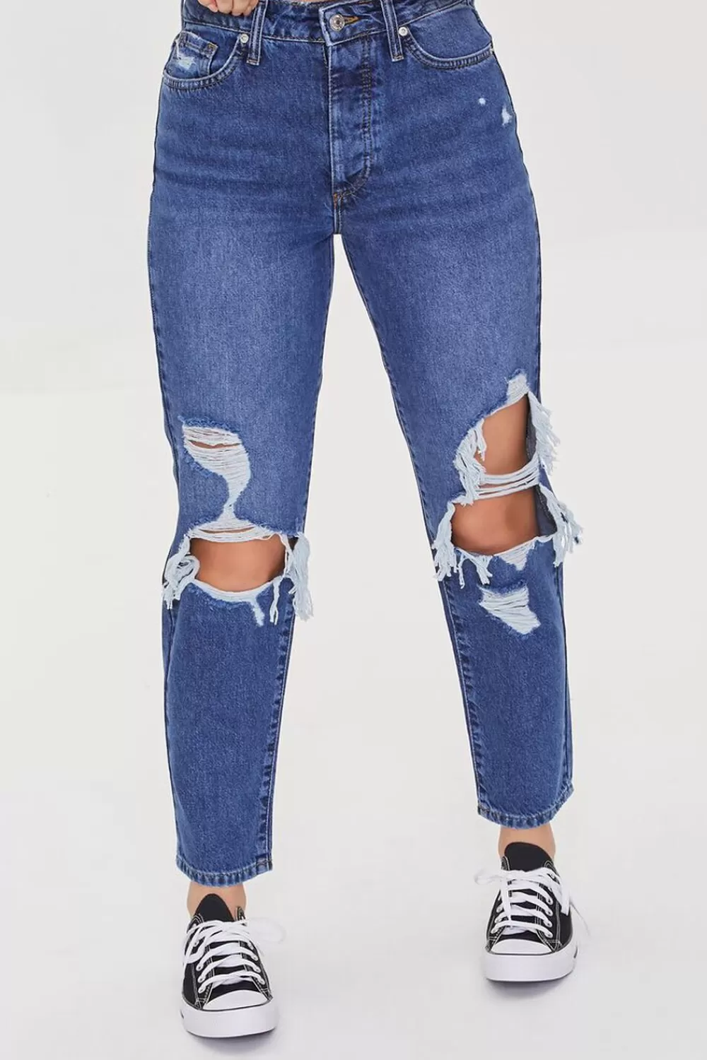 Bottoms>Forever 21 Recycled Cotton Distressed Mom Jeans Dark Denim