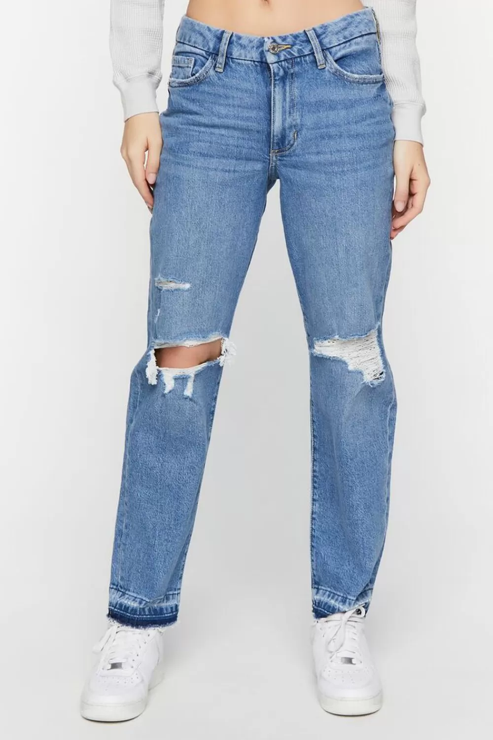 Bottoms>Forever 21 Recycled Cotton Distressed Straight-Leg Jeans Light Denim