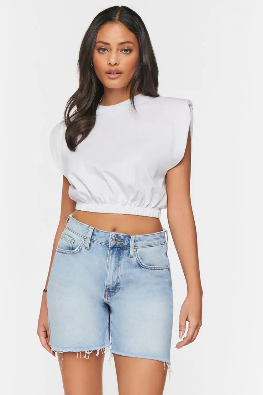 Bottoms>Forever 21 Recycled Cotton Frayed Denim Shorts Light Denim