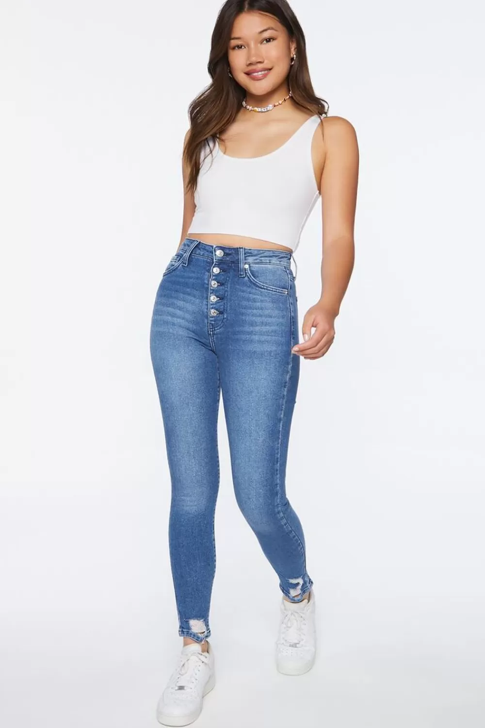 Bottoms>Forever 21 Recycled Cotton High-Rise Skinny Jeans Dark Denim