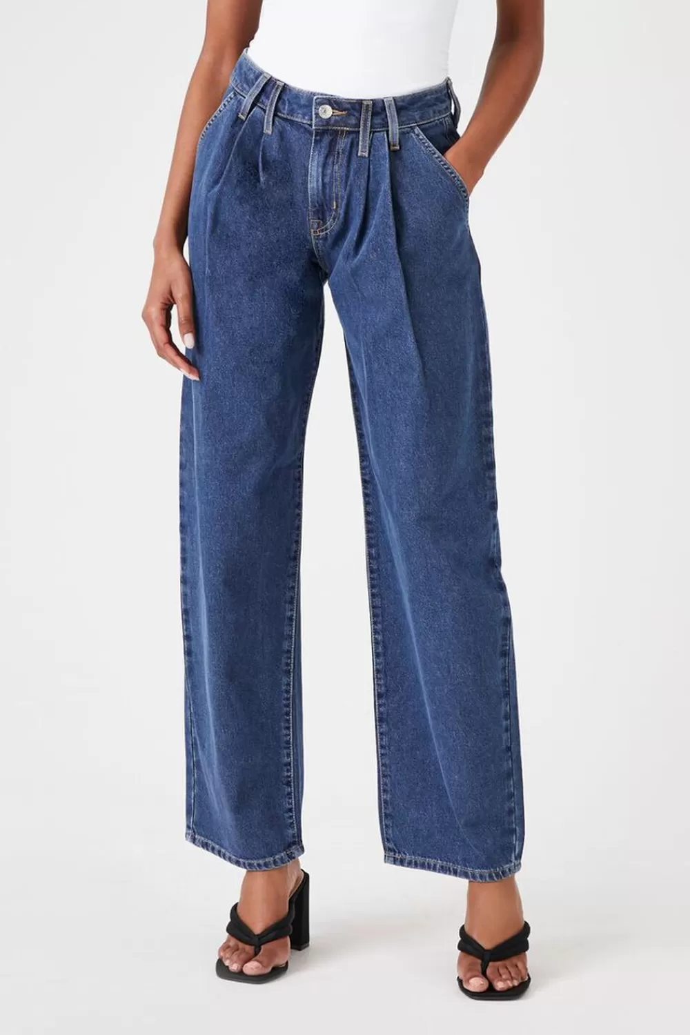 Bottoms>Forever 21 Recycled Cotton Pleated Wide-Leg Jeans Dark Denim