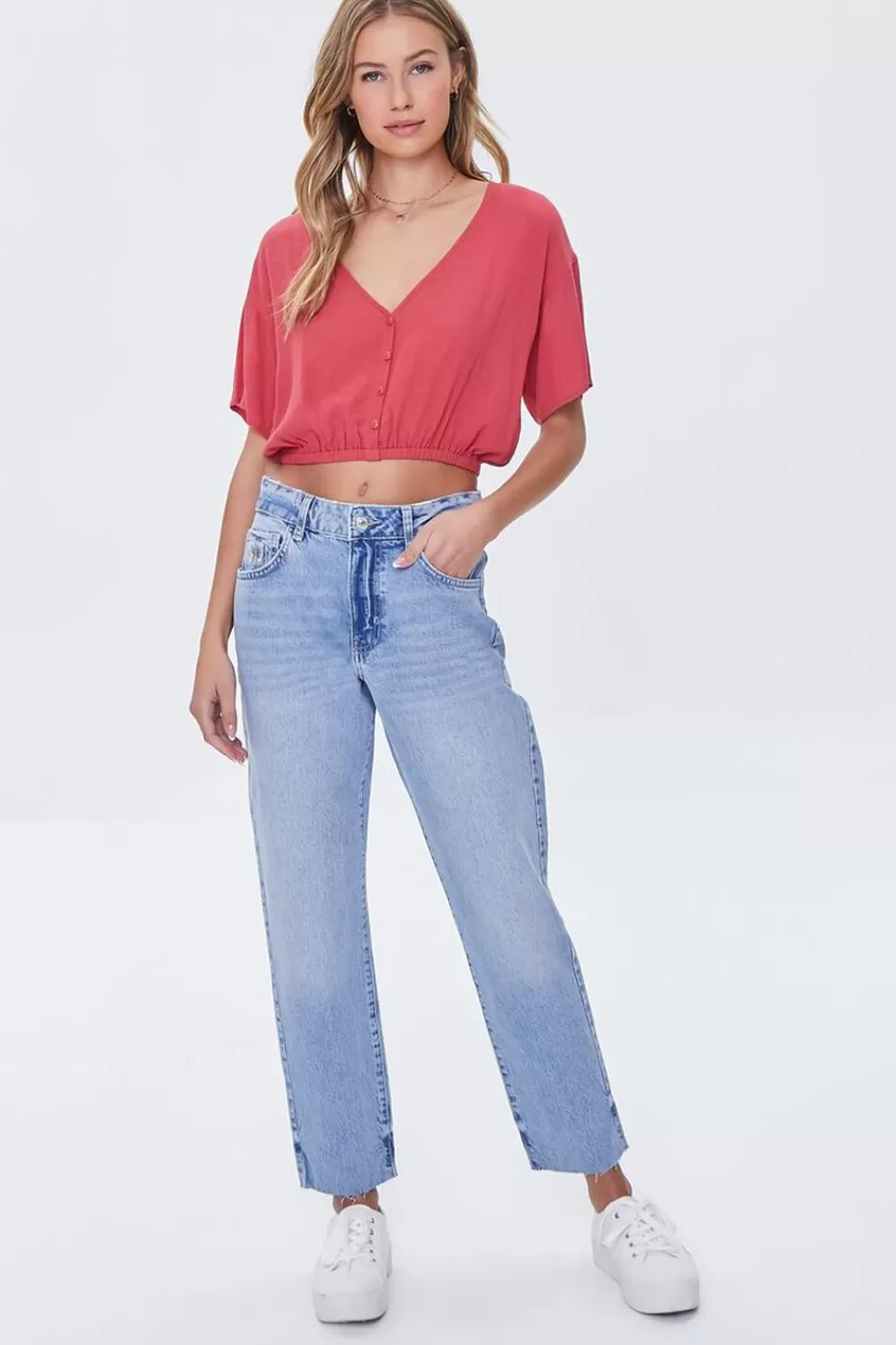Bottoms>Forever 21 Recycled Cotton Raw-Cut Mom Jeans Light Denim