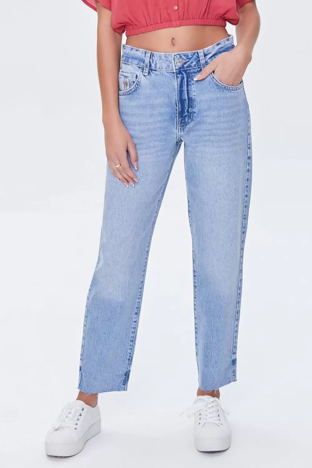 Bottoms>Forever 21 Recycled Cotton Raw-Cut Mom Jeans Light Denim