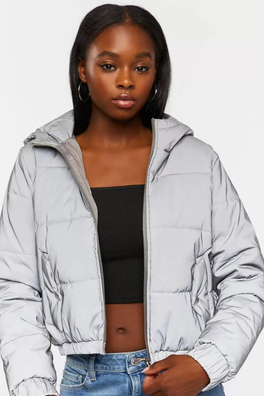 Jackets + Outerwear>Forever 21 Reflective Hooded Puffer Jacket Silver