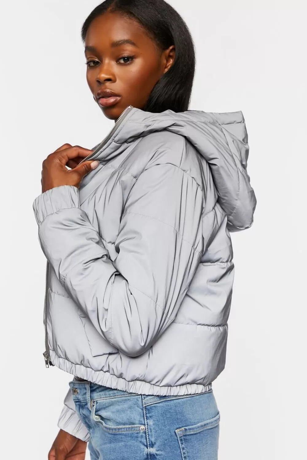 Jackets + Outerwear>Forever 21 Reflective Hooded Puffer Jacket Silver