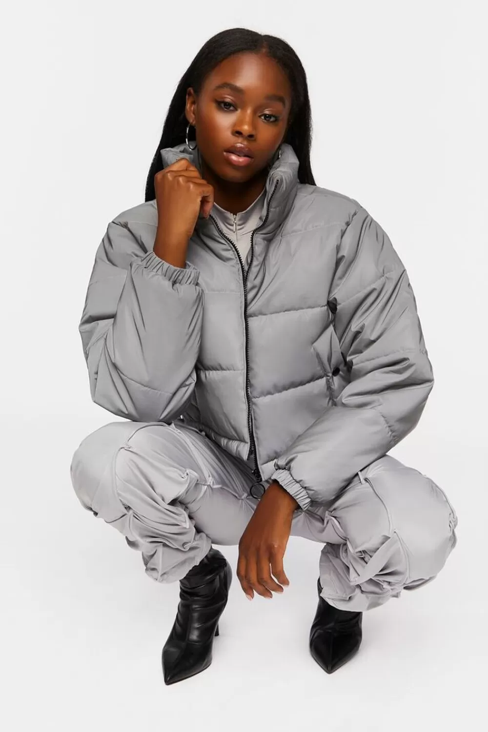 Jackets + Outerwear>Forever 21 Reflective Puffer Jacket Silver