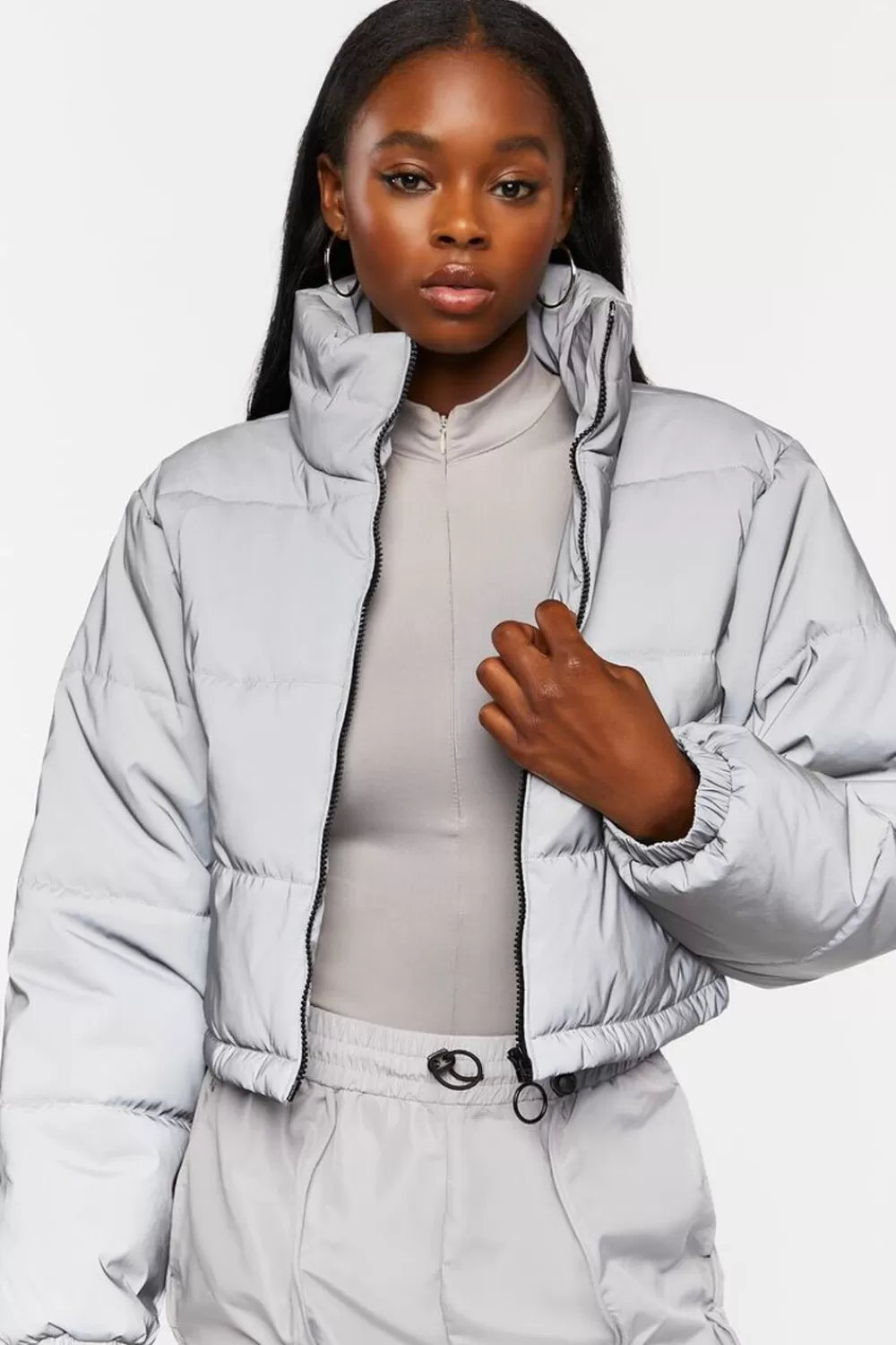 Jackets + Outerwear>Forever 21 Reflective Puffer Jacket Silver