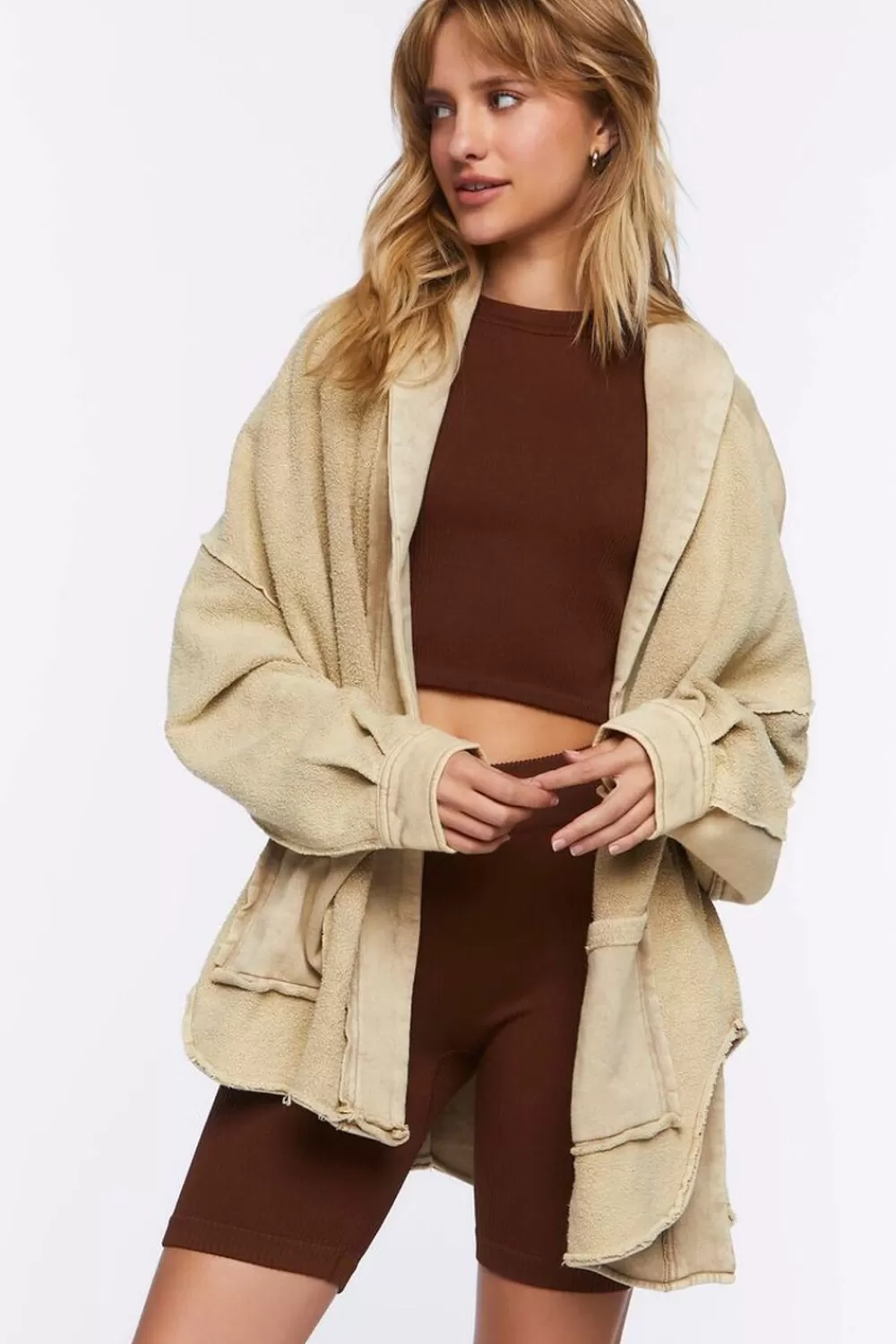 Jackets + Outerwear>Forever 21 Reverse Fleece Cardigan Sand