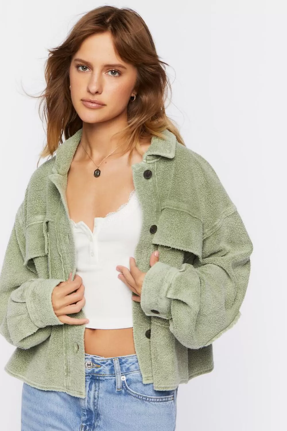 Jackets + Outerwear>Forever 21 Reverse Fleece Cropped Shacket Olive