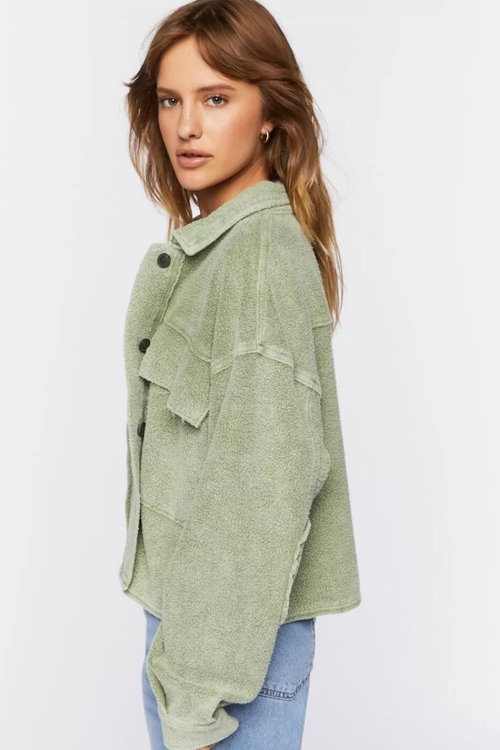 Jackets + Outerwear>Forever 21 Reverse Fleece Cropped Shacket Olive