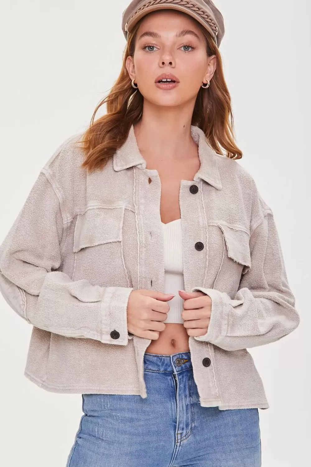 Jackets + Outerwear>Forever 21 Reverse Fleece Drop-Sleeve Jacket Taupe