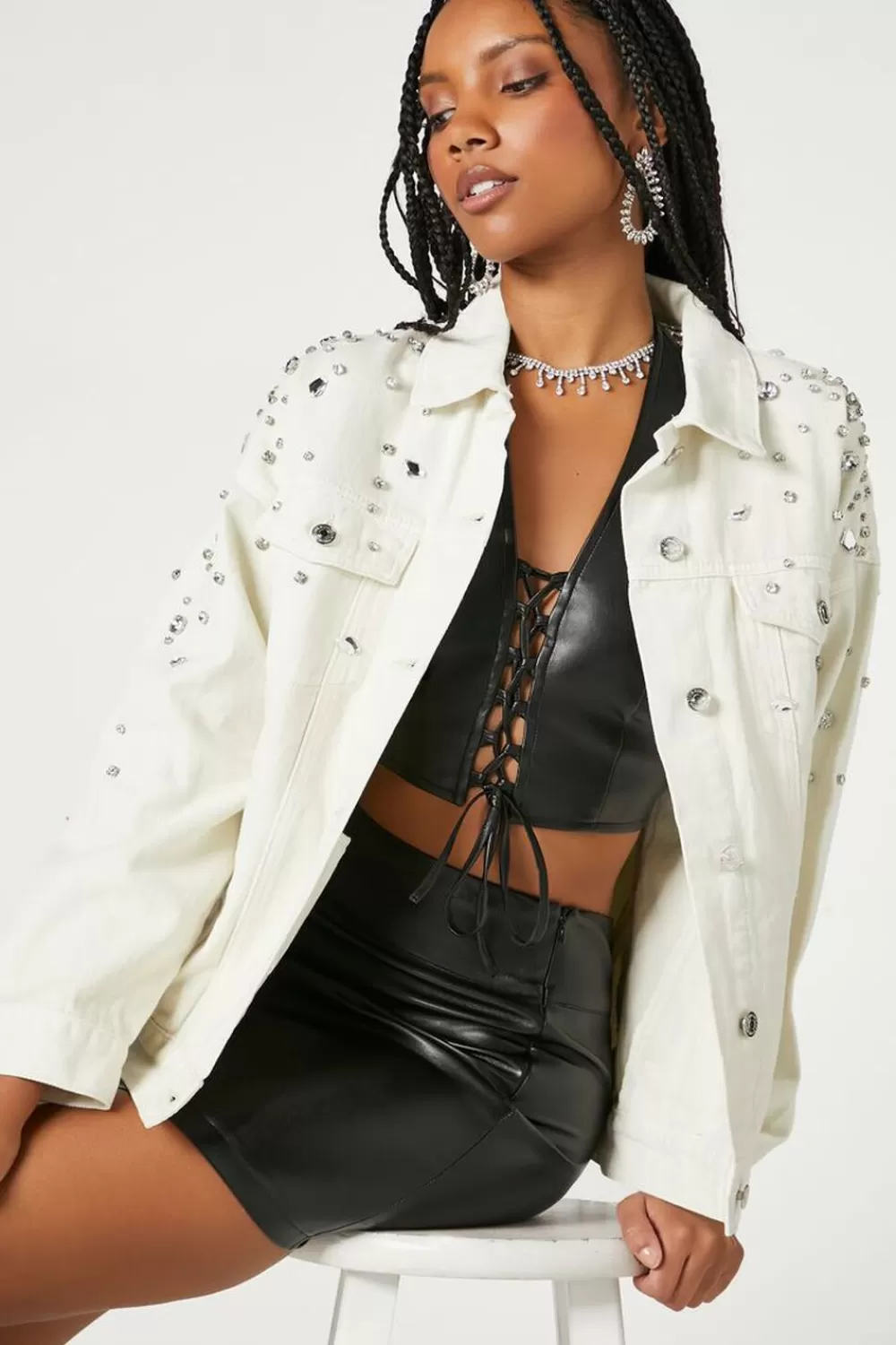 Jackets + Outerwear>Forever 21 Rhinestone & Faux Gem Trucker Jacket Ivory