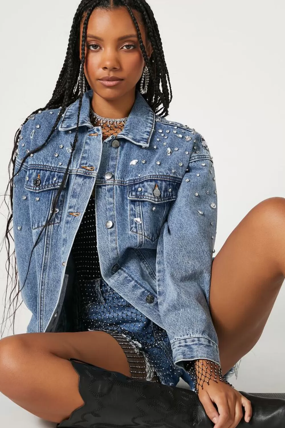 Jackets + Outerwear>Forever 21 Rhinestone & Faux Gem Trucker Jacket Denim