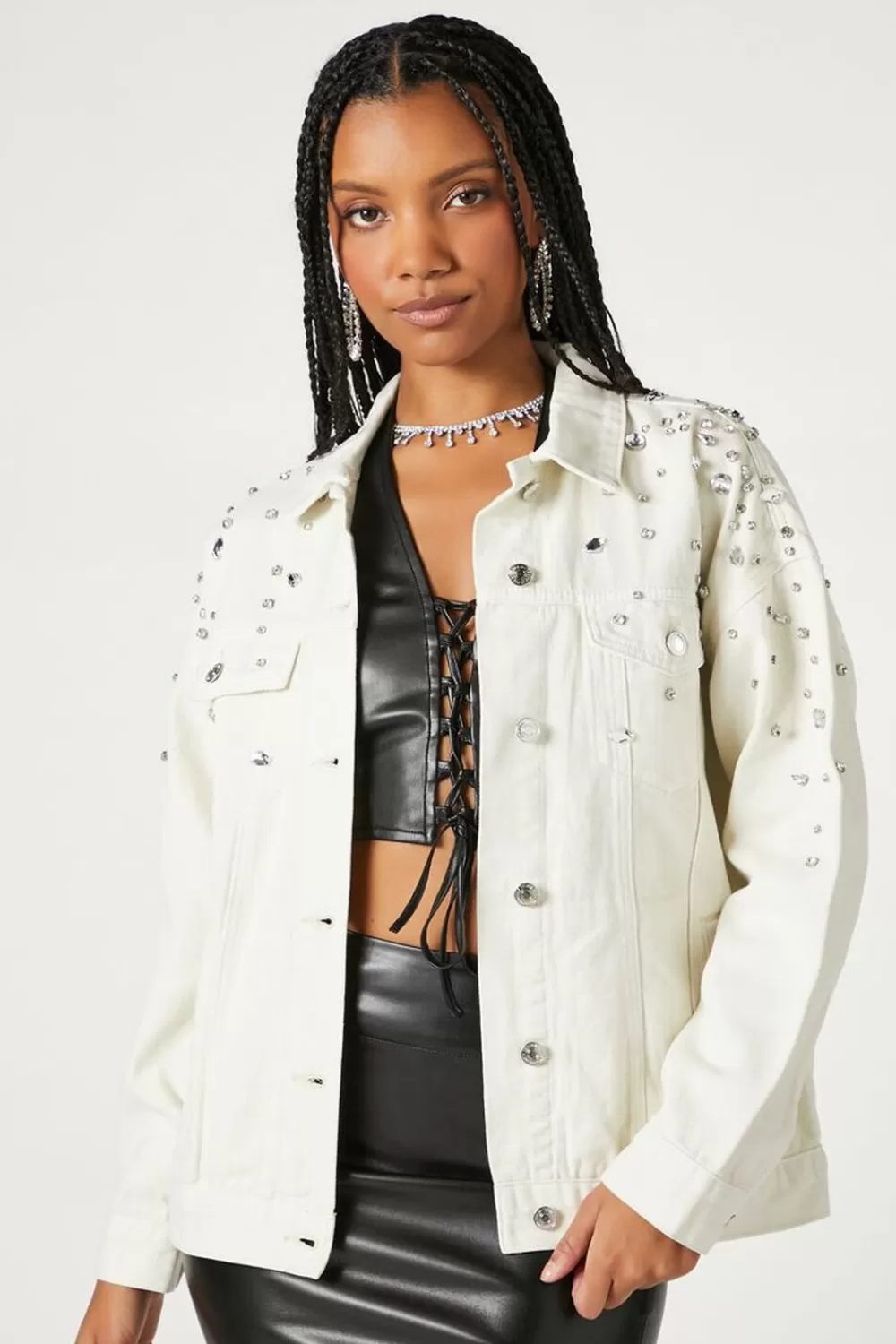 Jackets + Outerwear>Forever 21 Rhinestone & Faux Gem Trucker Jacket Ivory