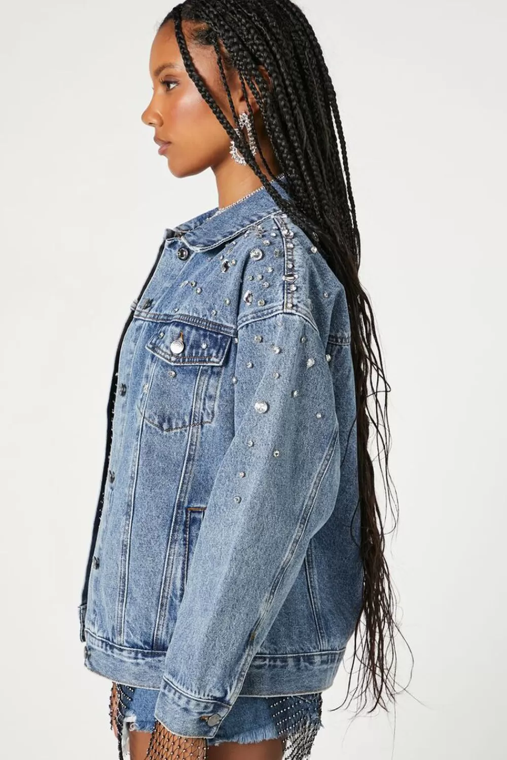 Jackets + Outerwear>Forever 21 Rhinestone & Faux Gem Trucker Jacket Denim