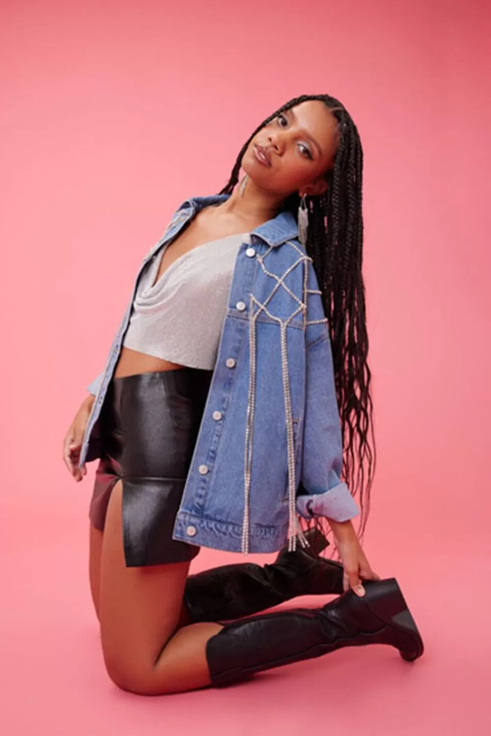 Jackets + Outerwear>Forever 21 Rhinestone Fringe Denim Jacket Medium Denim