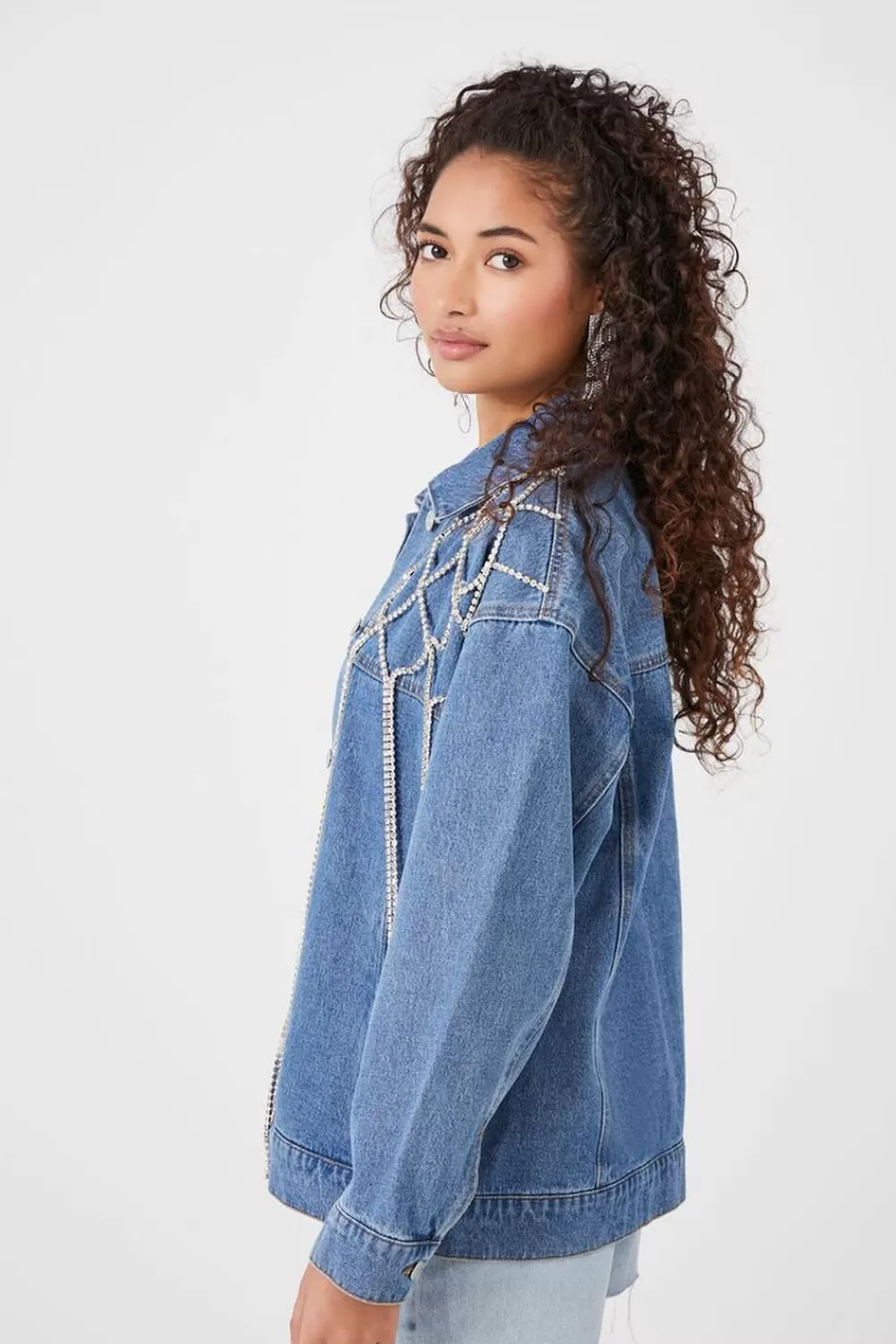 Jackets + Outerwear>Forever 21 Rhinestone Fringe Denim Jacket Medium Denim