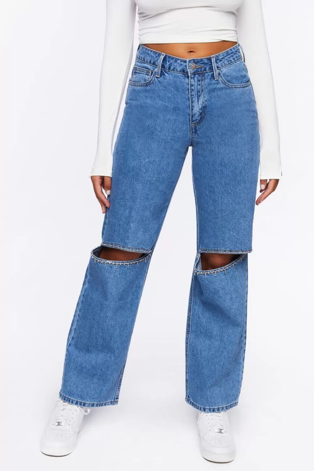 Bottoms>Forever 21 Rhinestone Split-Knee 90S-Fit Jeans Light Denim