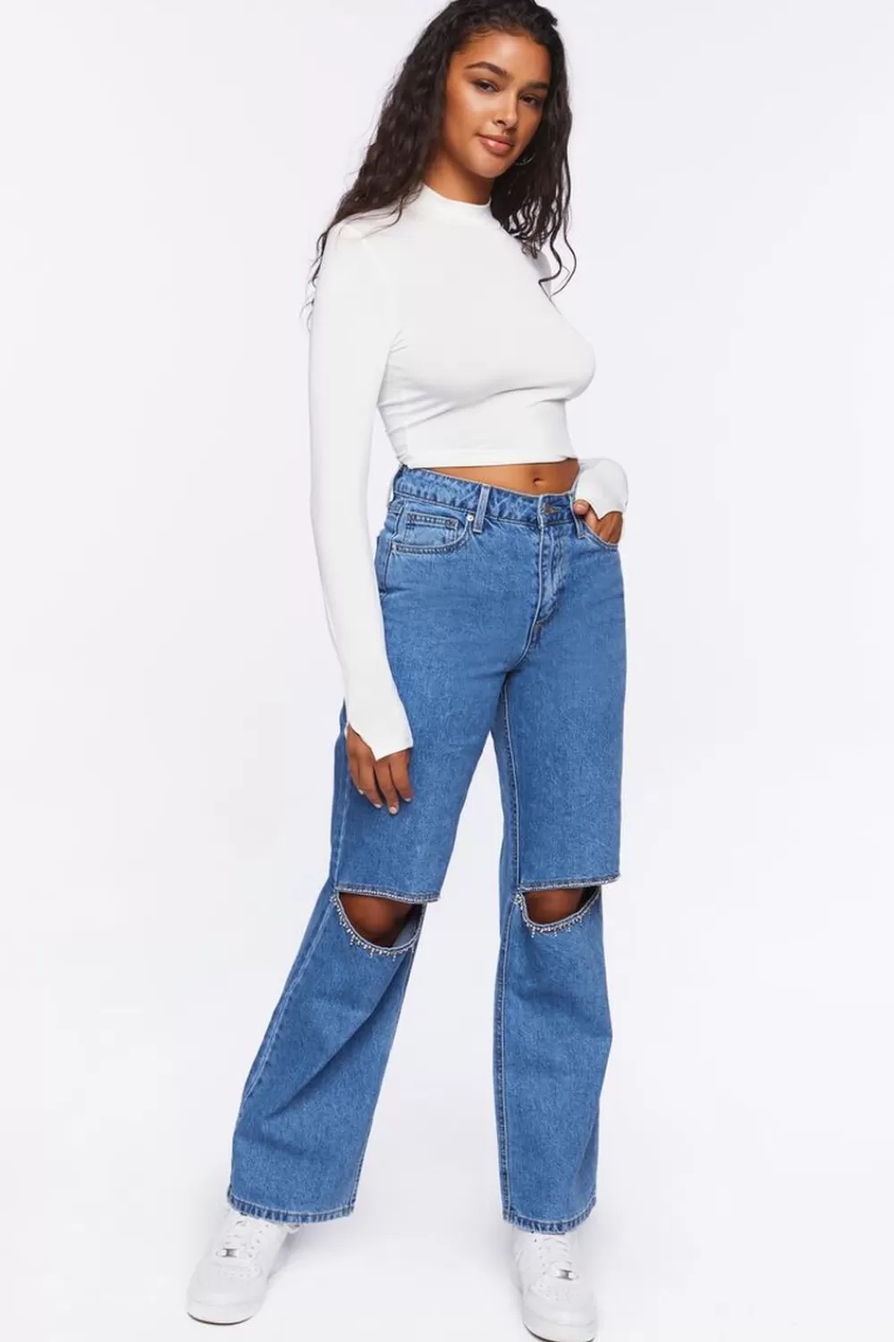 Bottoms>Forever 21 Rhinestone Split-Knee 90S-Fit Jeans Light Denim