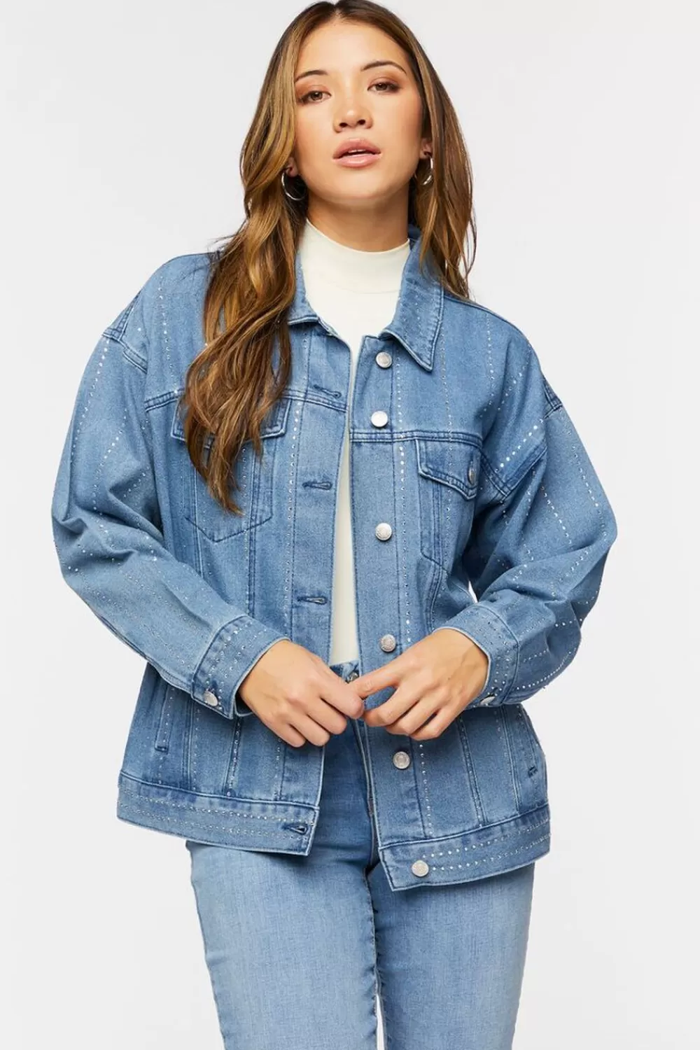 Jackets + Outerwear>Forever 21 Rhinestone Trucker Jacket Denim