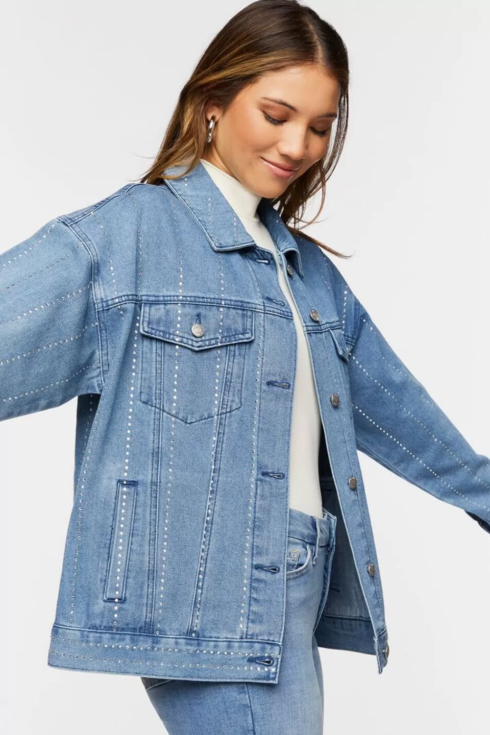 Jackets + Outerwear>Forever 21 Rhinestone Trucker Jacket Denim