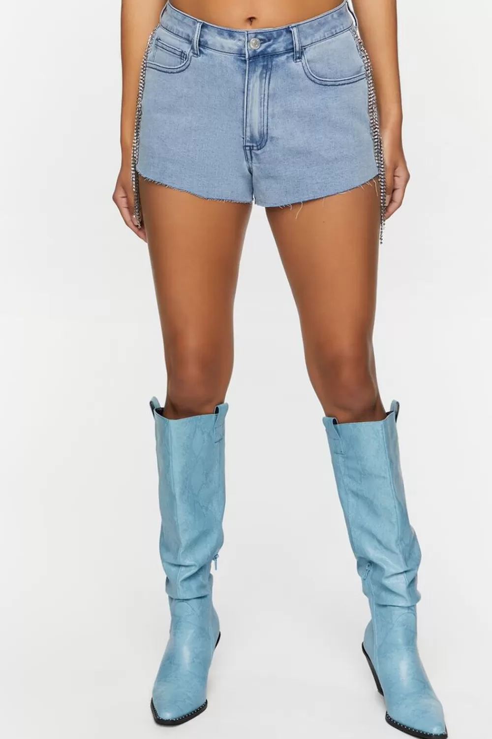 Bottoms>Forever 21 Rhinestone-Fringe Denim Shorts Light Denim