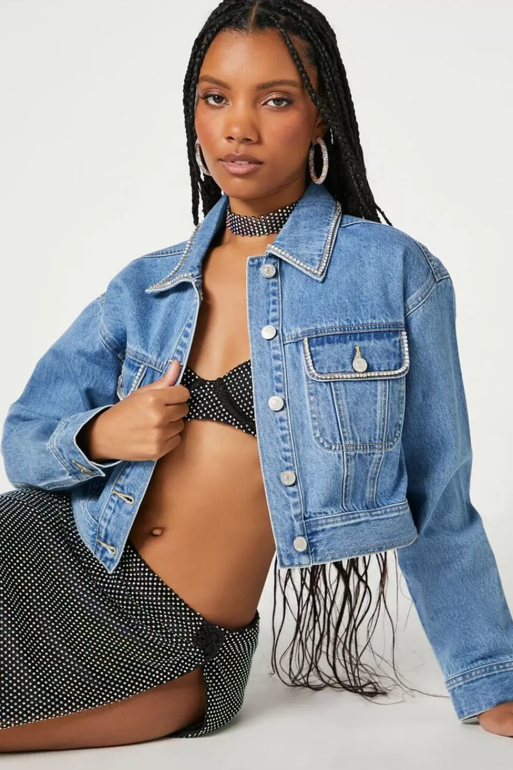 Jackets + Outerwear>Forever 21 Rhinestone-Trim Trucker Jacket Medium Denim