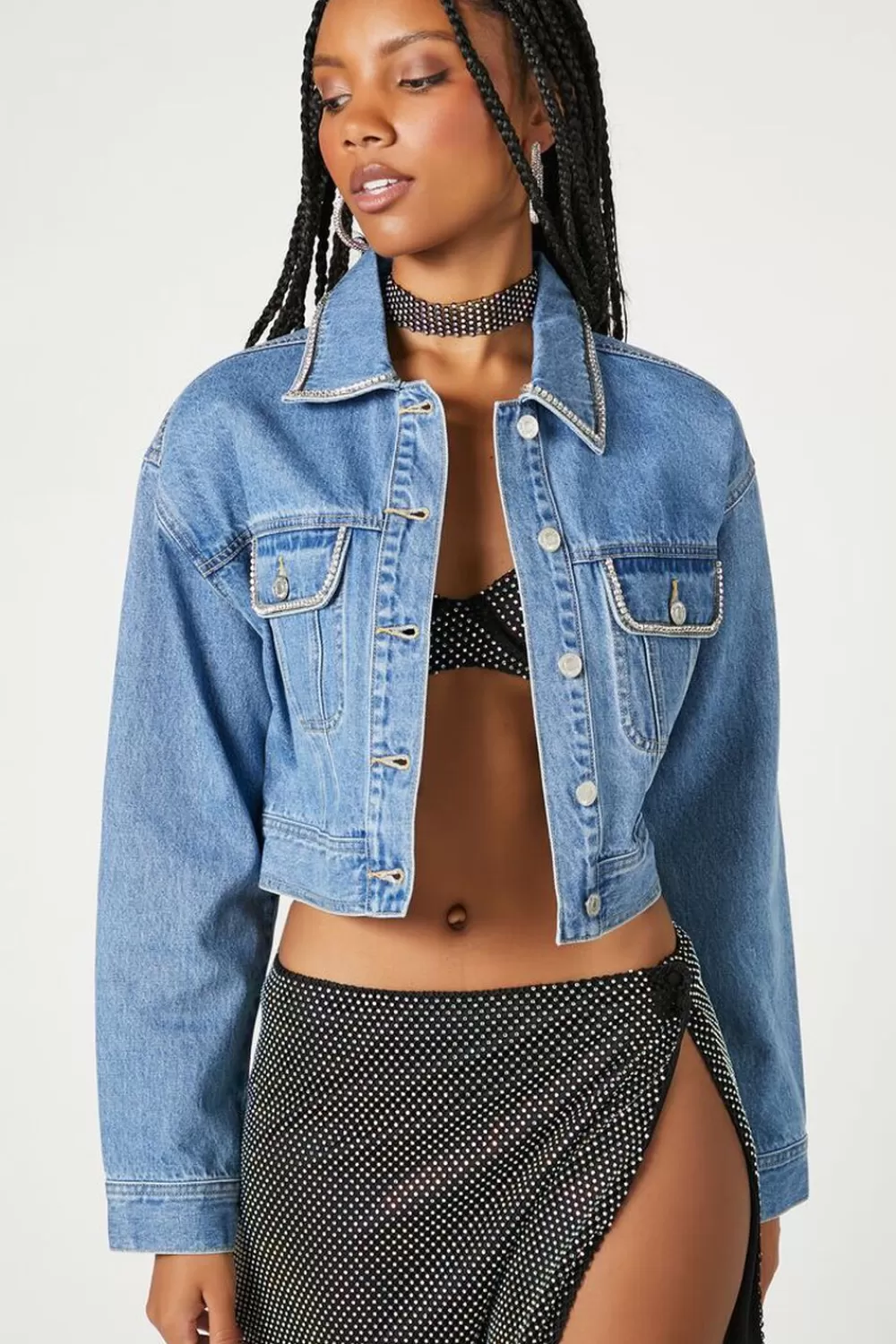 Jackets + Outerwear>Forever 21 Rhinestone-Trim Trucker Jacket Medium Denim
