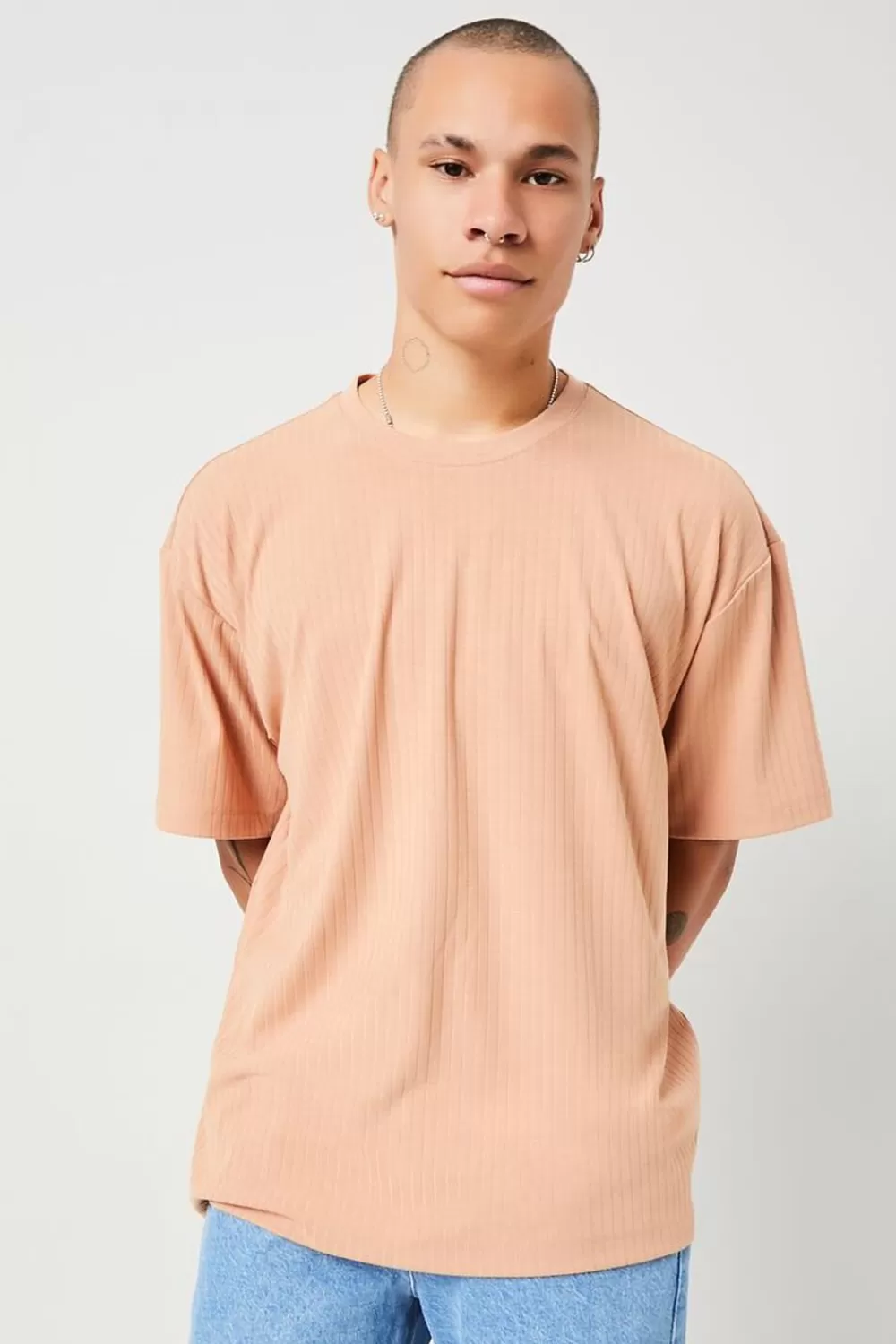 Tops>Forever 21 Ribbed Crew Neck Tee Light Brown