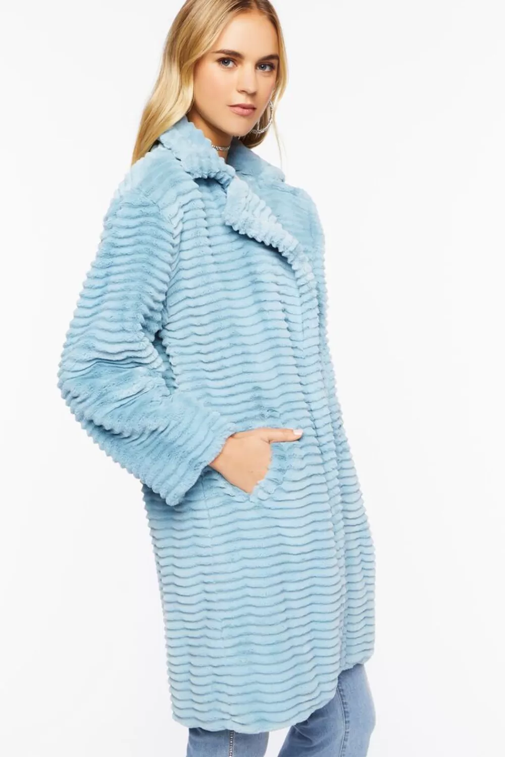 Jackets + Outerwear>Forever 21 Ribbed Faux Fur Longline Coat Light Blue