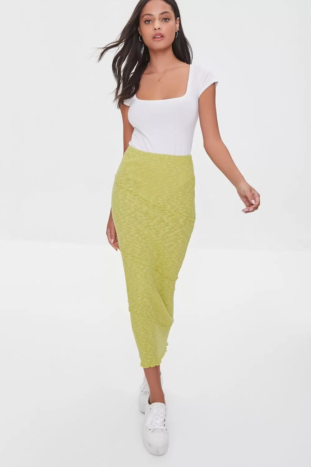 Bottoms>Forever 21 Ribbed Lettuce-Edge Pencil Skirt Lime