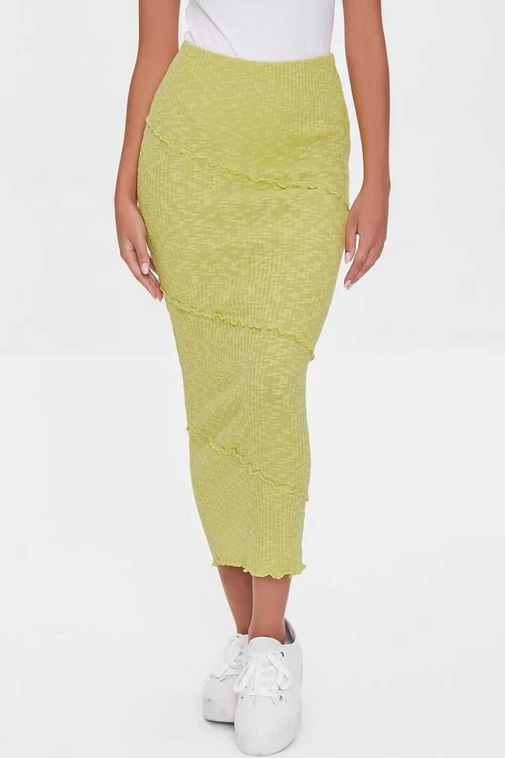 Bottoms>Forever 21 Ribbed Lettuce-Edge Pencil Skirt Lime