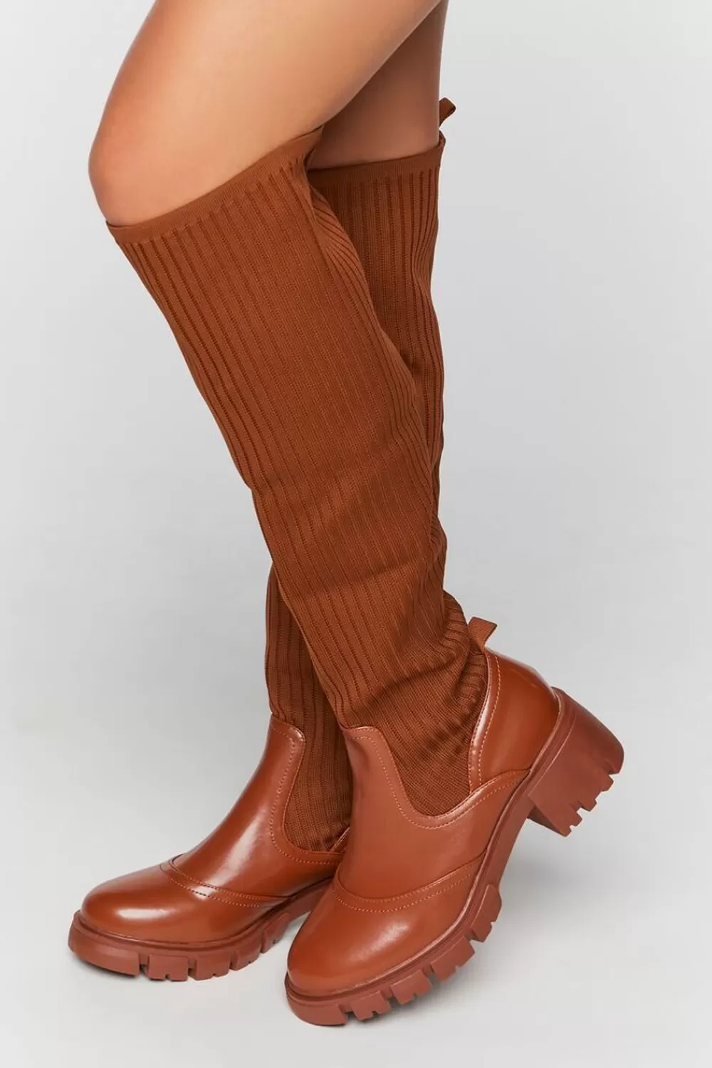 Boots + Booties>Forever 21 Ribbed Over-The-Knee Lug Boots Brown