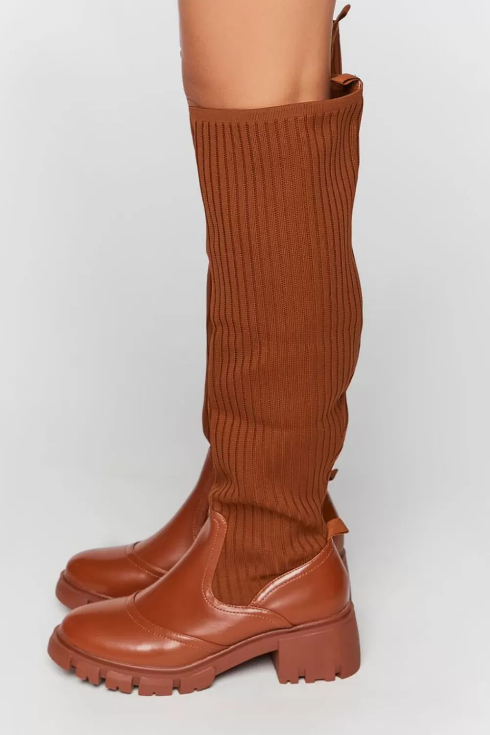 Boots + Booties>Forever 21 Ribbed Over-The-Knee Lug Boots Brown