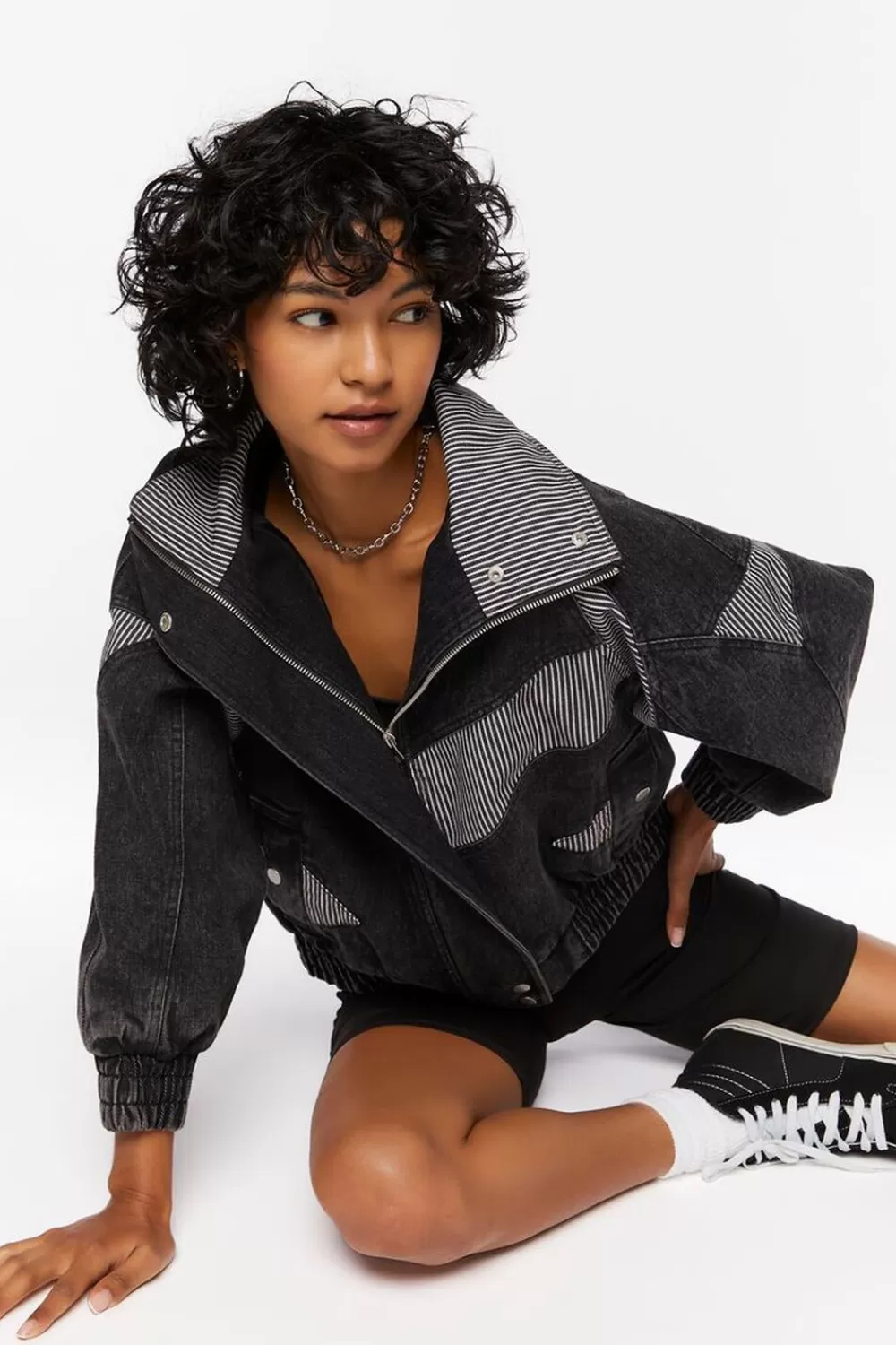 Jackets + Outerwear>Forever 21 Ribbed-Panel Denim Jacket Washed Black