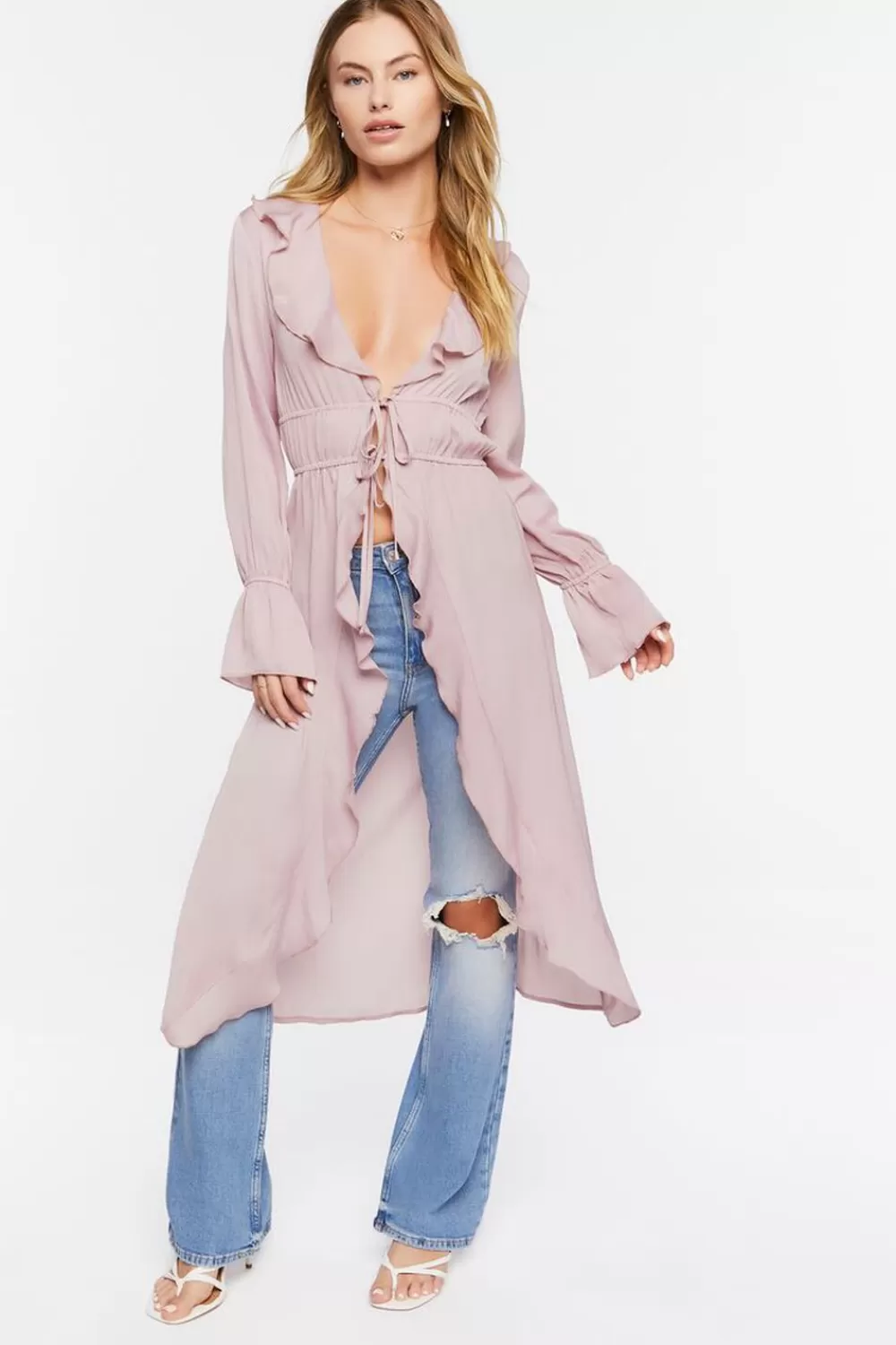 Jackets + Outerwear>Forever 21 Ruffled Duster Kimono Blush