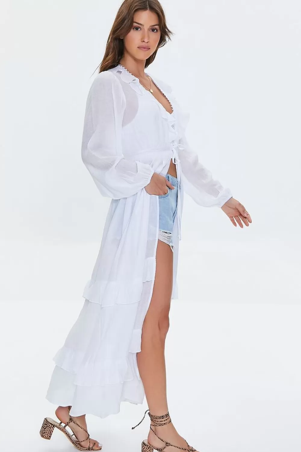 Jackets + Outerwear>Forever 21 Ruffle-Trim Duster Kimono White