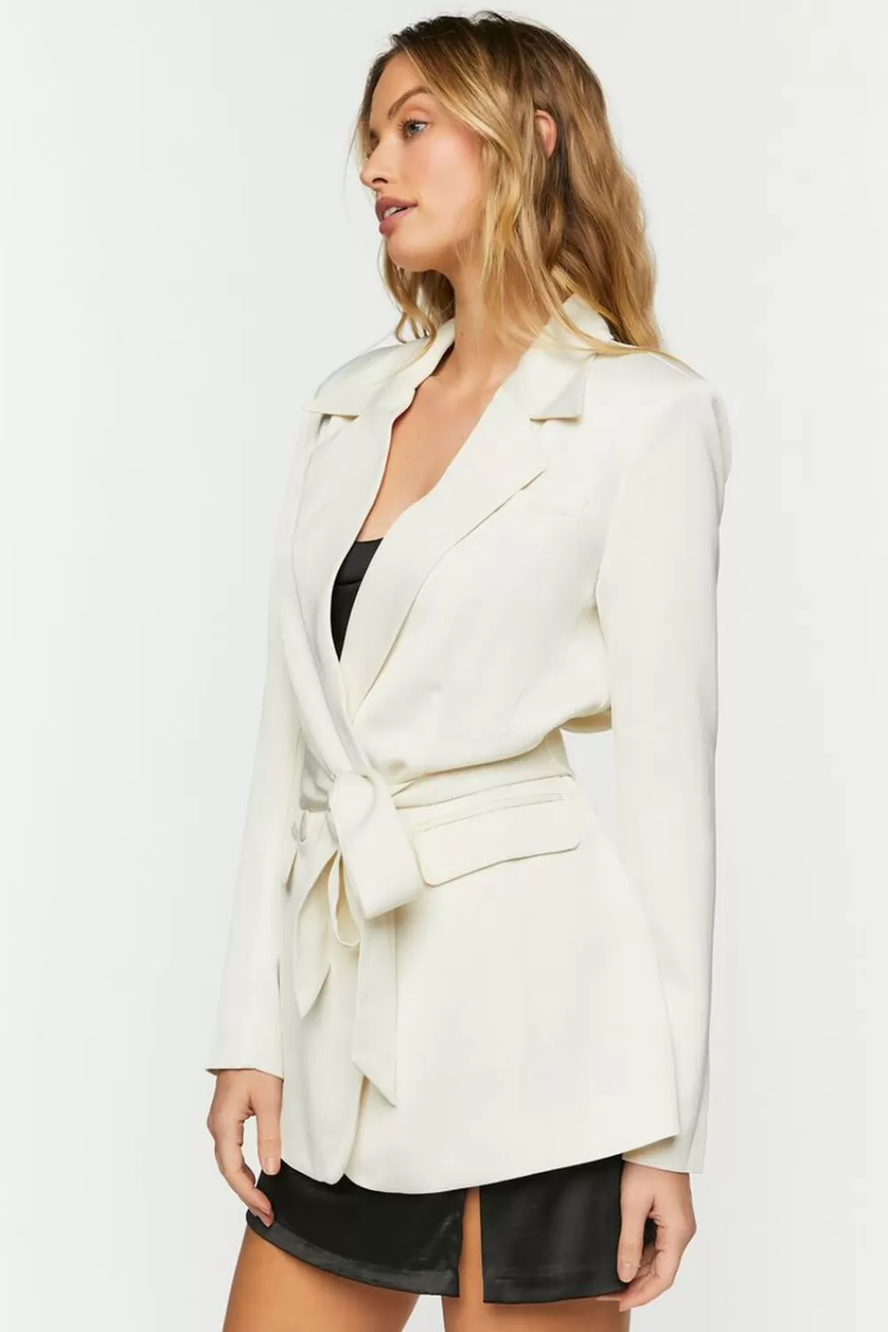 Jackets + Outerwear>Forever 21 Satin Belted Double-Breasted Blazer Vanilla