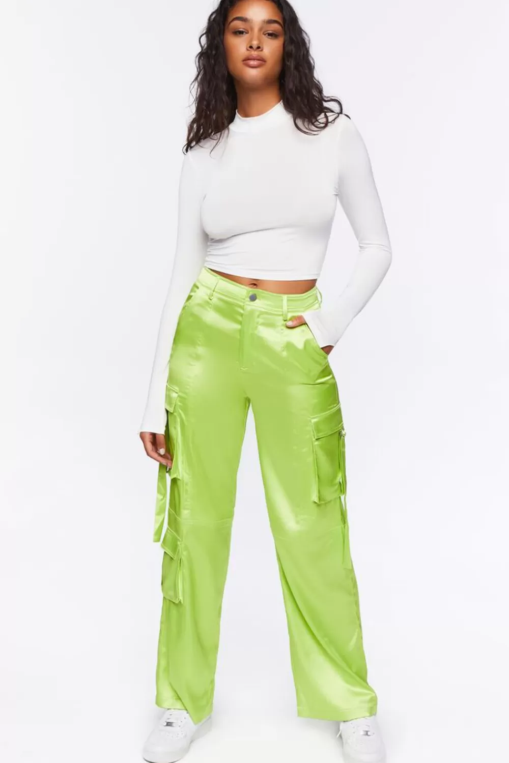 Bottoms>Forever 21 Satin Cargo Mid-Rise Pants Lime