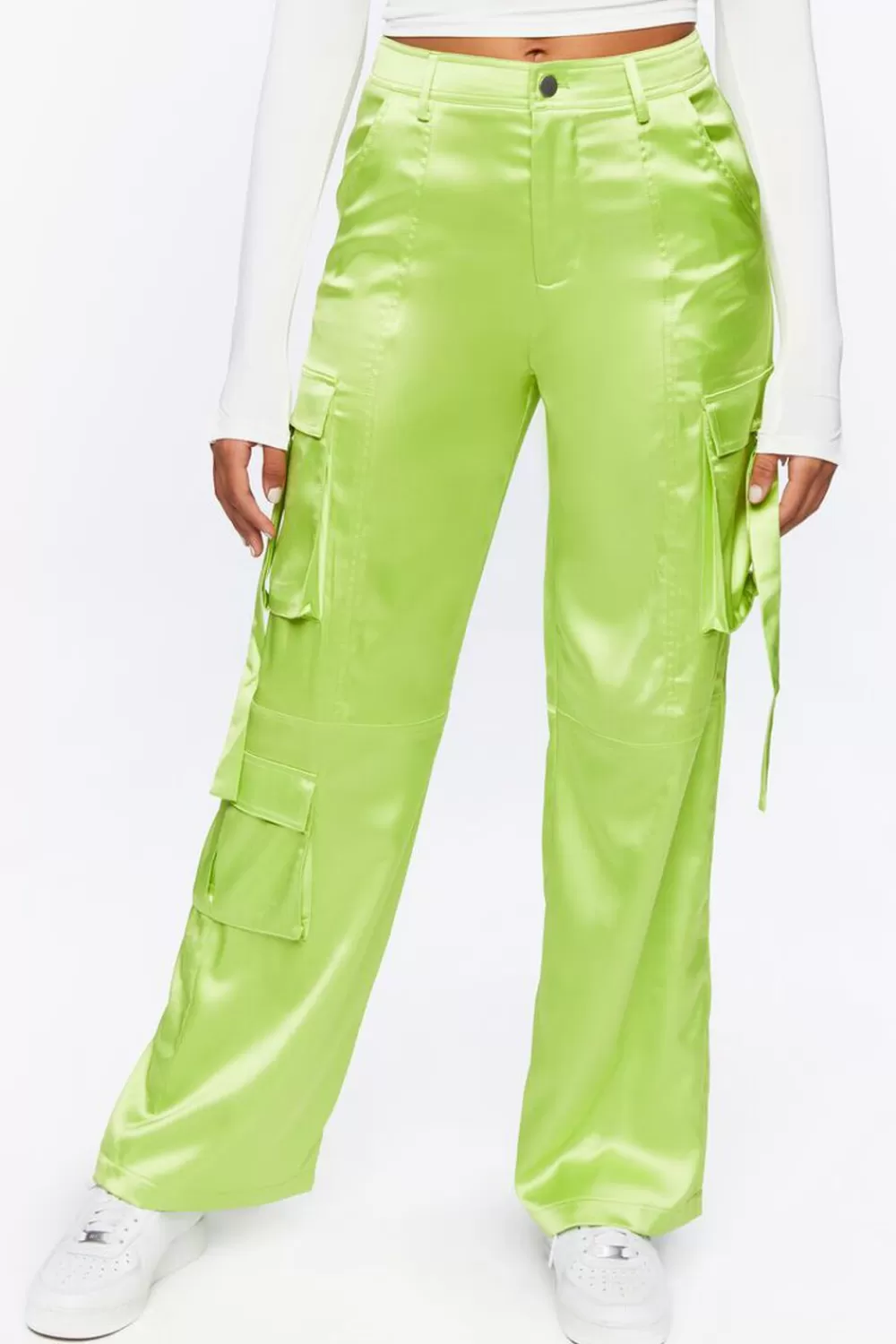 Bottoms>Forever 21 Satin Cargo Mid-Rise Pants Lime