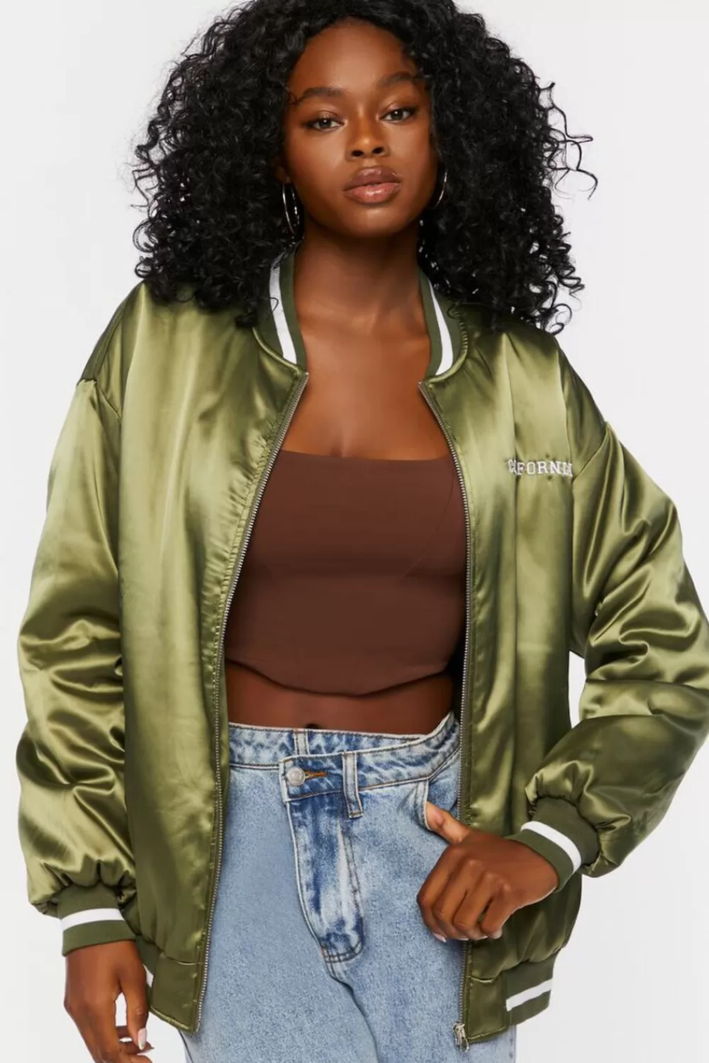 Jackets + Outerwear>Forever 21 Satin Embroidered Bomber Jacket Olive/White