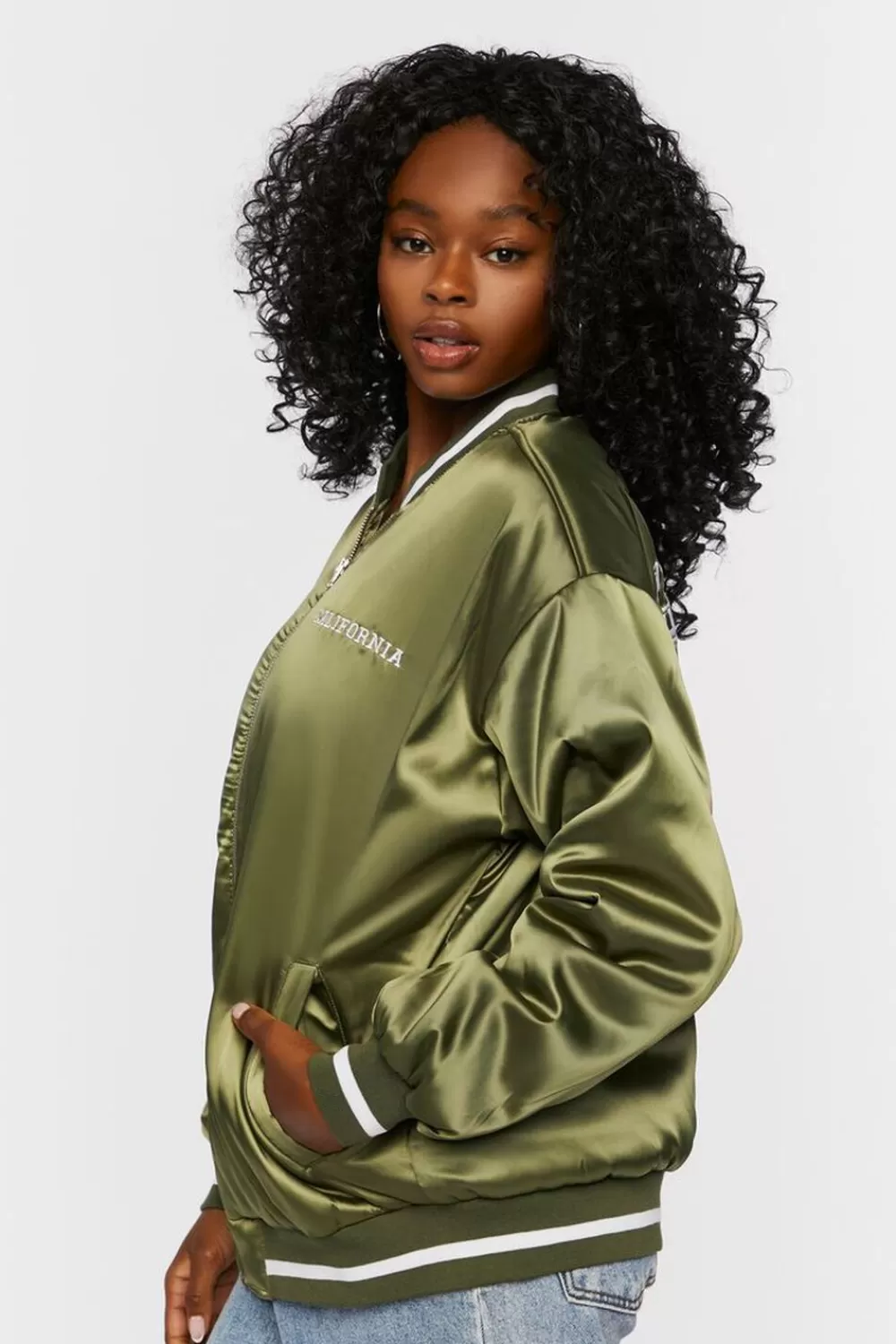 Jackets + Outerwear>Forever 21 Satin Embroidered Bomber Jacket Olive/White