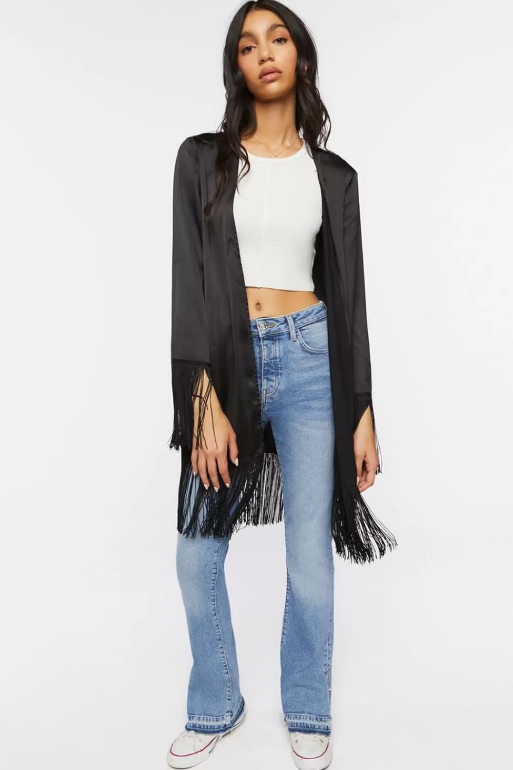Jackets + Outerwear>Forever 21 Satin Fringe-Trim Kimono Black